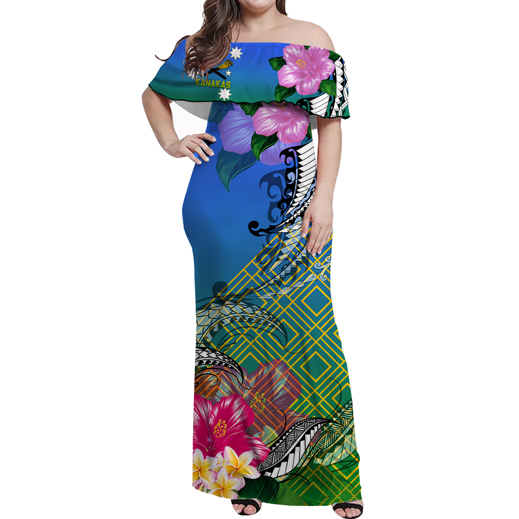 South Sea Islanders Kanakas Hibiscus Polynesia Off Shoulder Long Dress - LT2 Women BLUE - Polynesian Pride