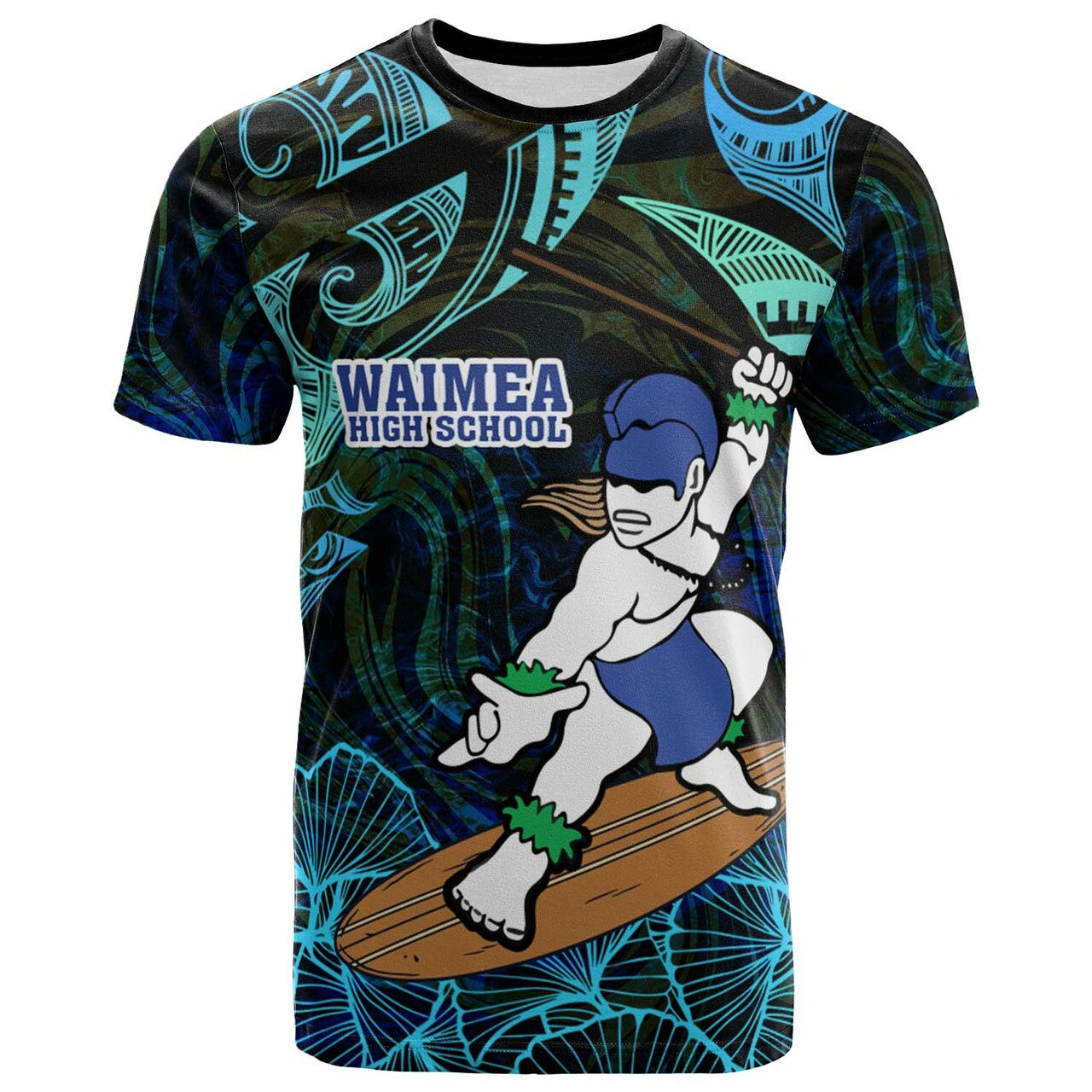 Hawaii Custom T Shirt Waimea High School Surfer Polynesian Pattern LT10 Blue - Polynesian Pride