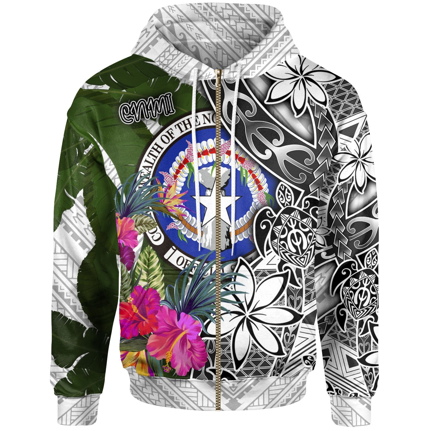 Northern Mariana Islands Zip up Hoodie White Turtle Plumeria Banana Leaf Unisex White - Polynesian Pride