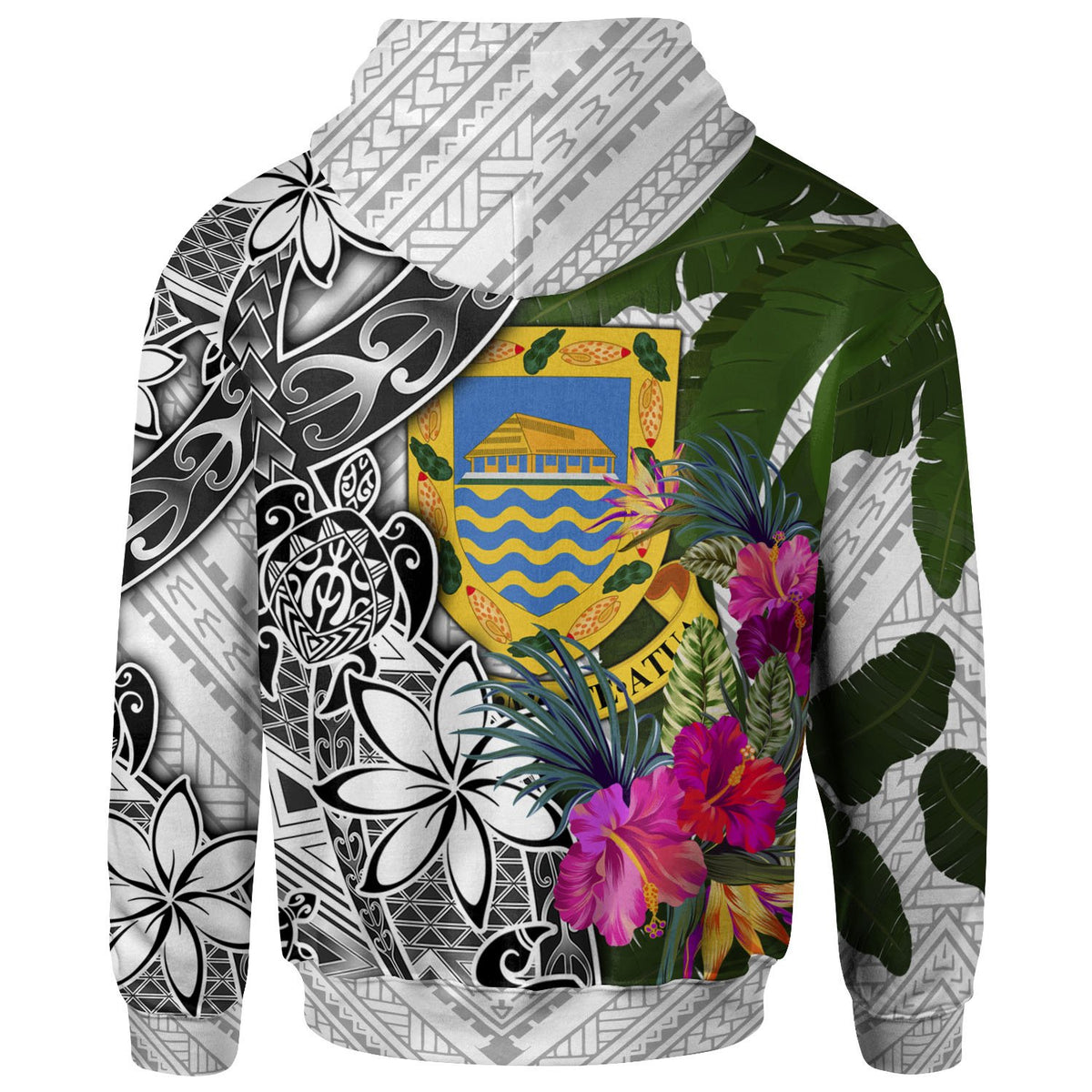 Tuvalu Hoodie White Turtle Plumeria Banana Leaf - Polynesian Pride