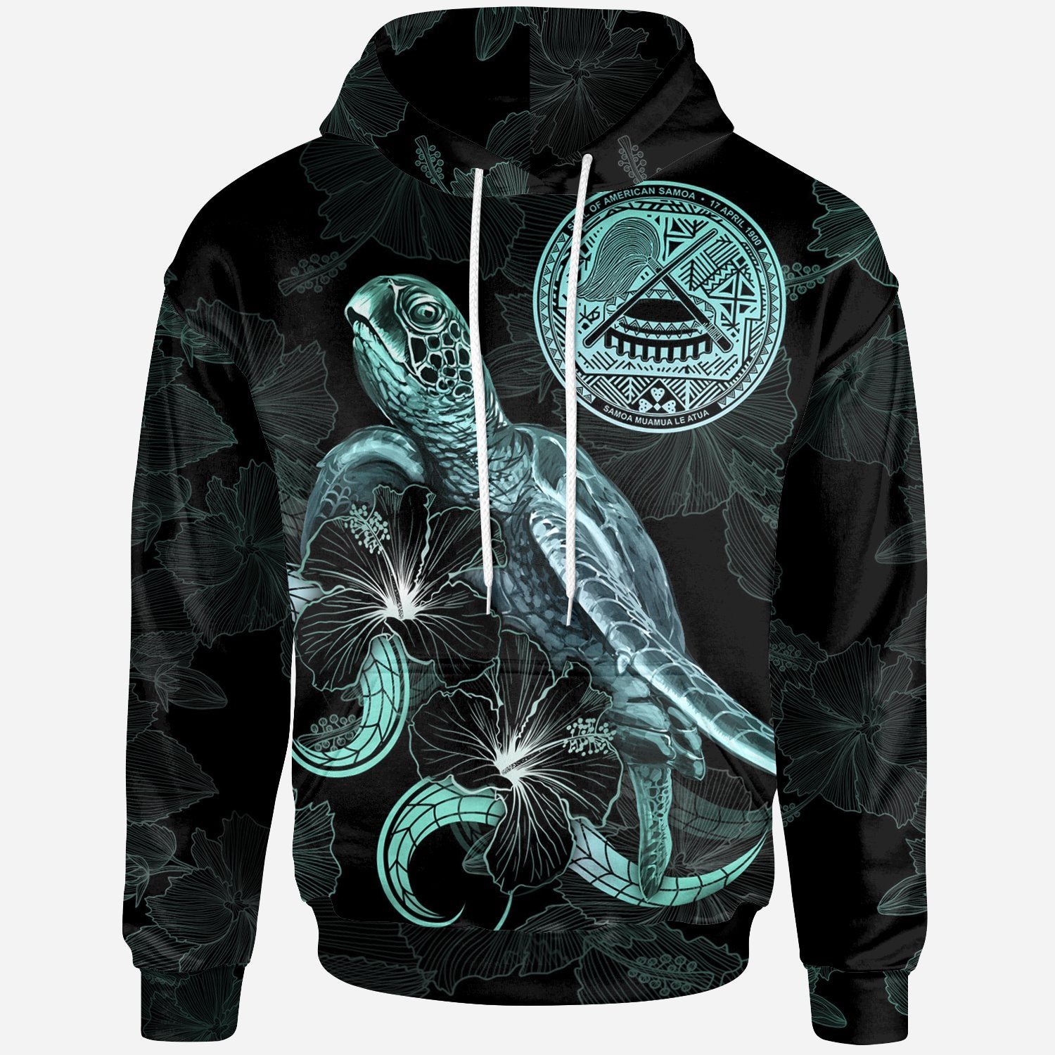 American Samoa Polynesian Hoodie Turtle With Blooming Hibiscus Turquoise Unisex Turquoise - Polynesian Pride