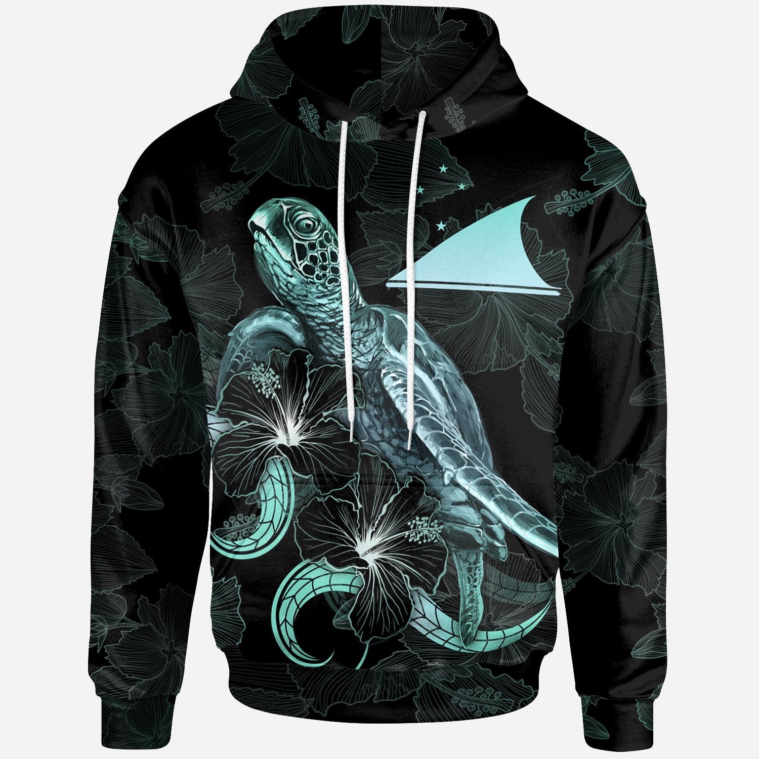 Tokelau Polynesian Hoodie Turtle With Blooming Hibiscus Turquoise Unisex Turquoise - Polynesian Pride