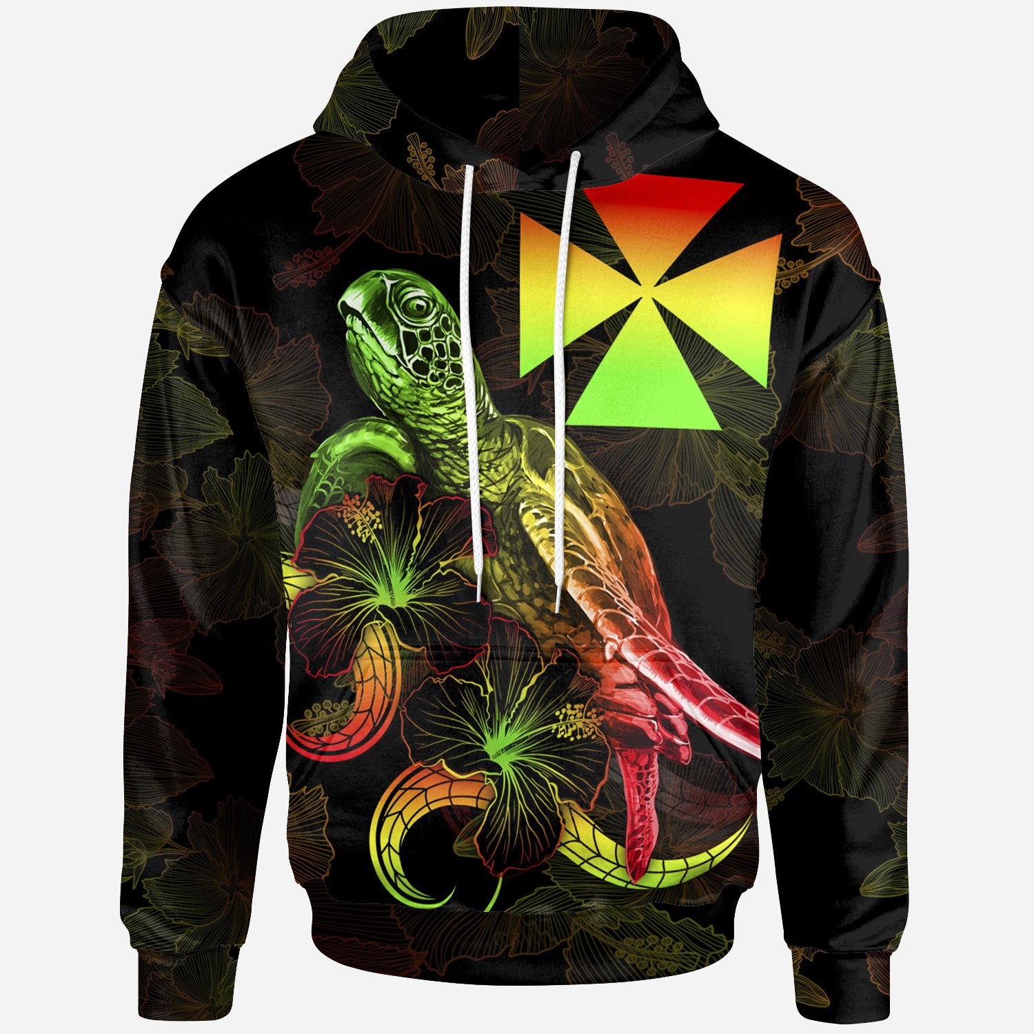 Wallis and Futuna Polynesian Hoodie Turtle With Blooming Hibiscus Reggae Unisex Reggae - Polynesian Pride