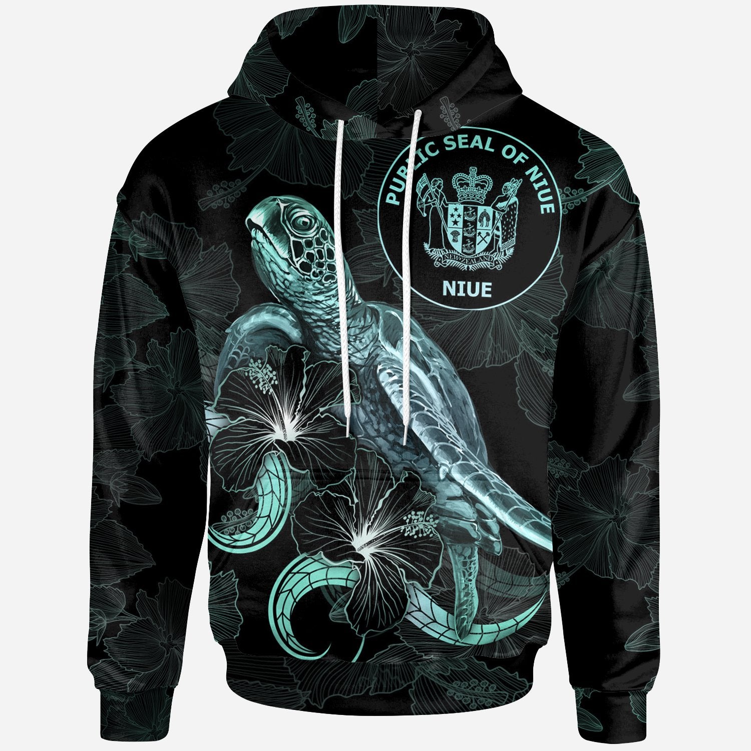 Niue Polynesian Hoodie Turtle With Blooming Hibiscus Turquoise Unisex Turquoise - Polynesian Pride