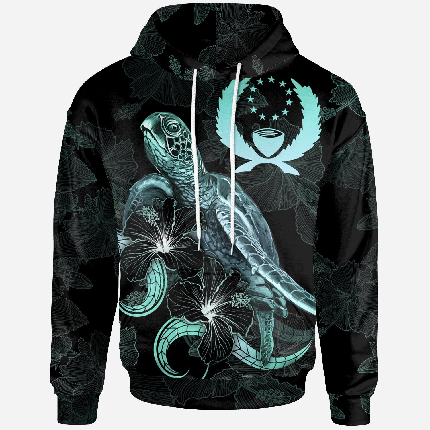 Pohnpei Polynesian Hoodie Turtle With Blooming Hibiscus Turquoise Unisex Turquoise - Polynesian Pride