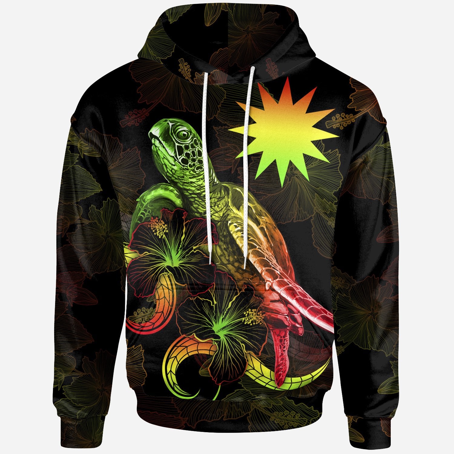 Nauru Polynesian Hoodie Turtle With Blooming Hibiscus Reggae Reggae - Polynesian Pride