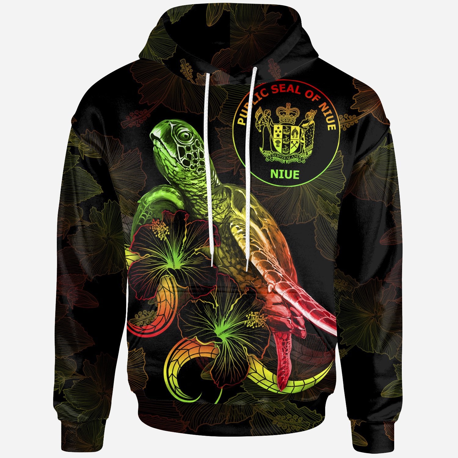 Niue Polynesian Hoodie Turtle With Blooming Hibiscus Reggae Unisex Reggae - Polynesian Pride