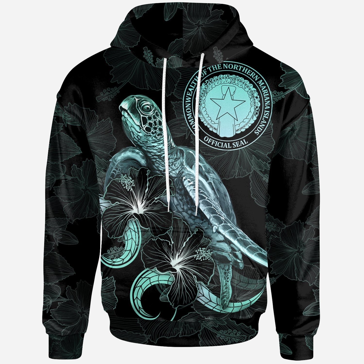 CNMI Polynesian Hoodie Turtle With Blooming Hibiscus Turquoise Unisex Turquoise - Polynesian Pride