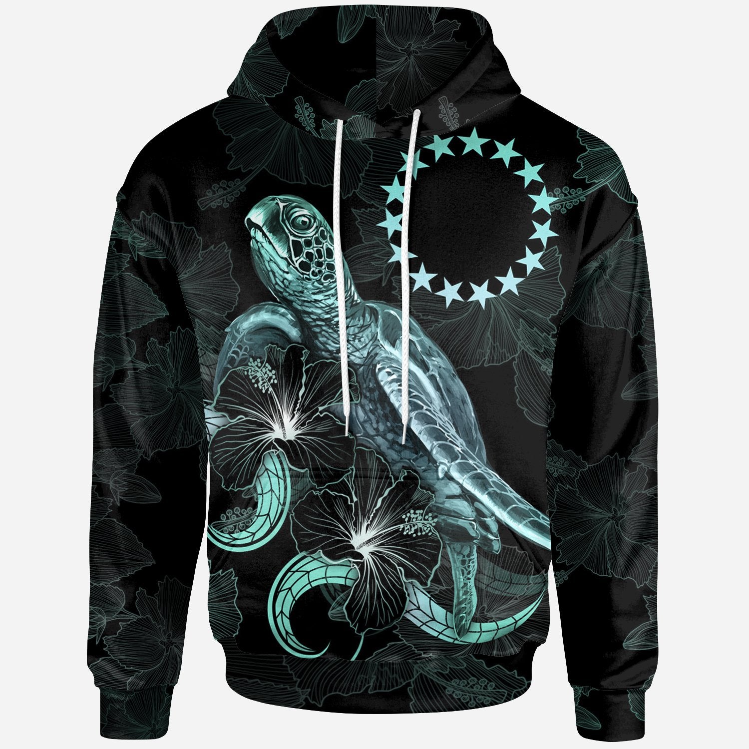 Cook Islands Polynesian Hoodie Turtle With Blooming Hibiscus Turquoise Unisex Turquoise - Polynesian Pride