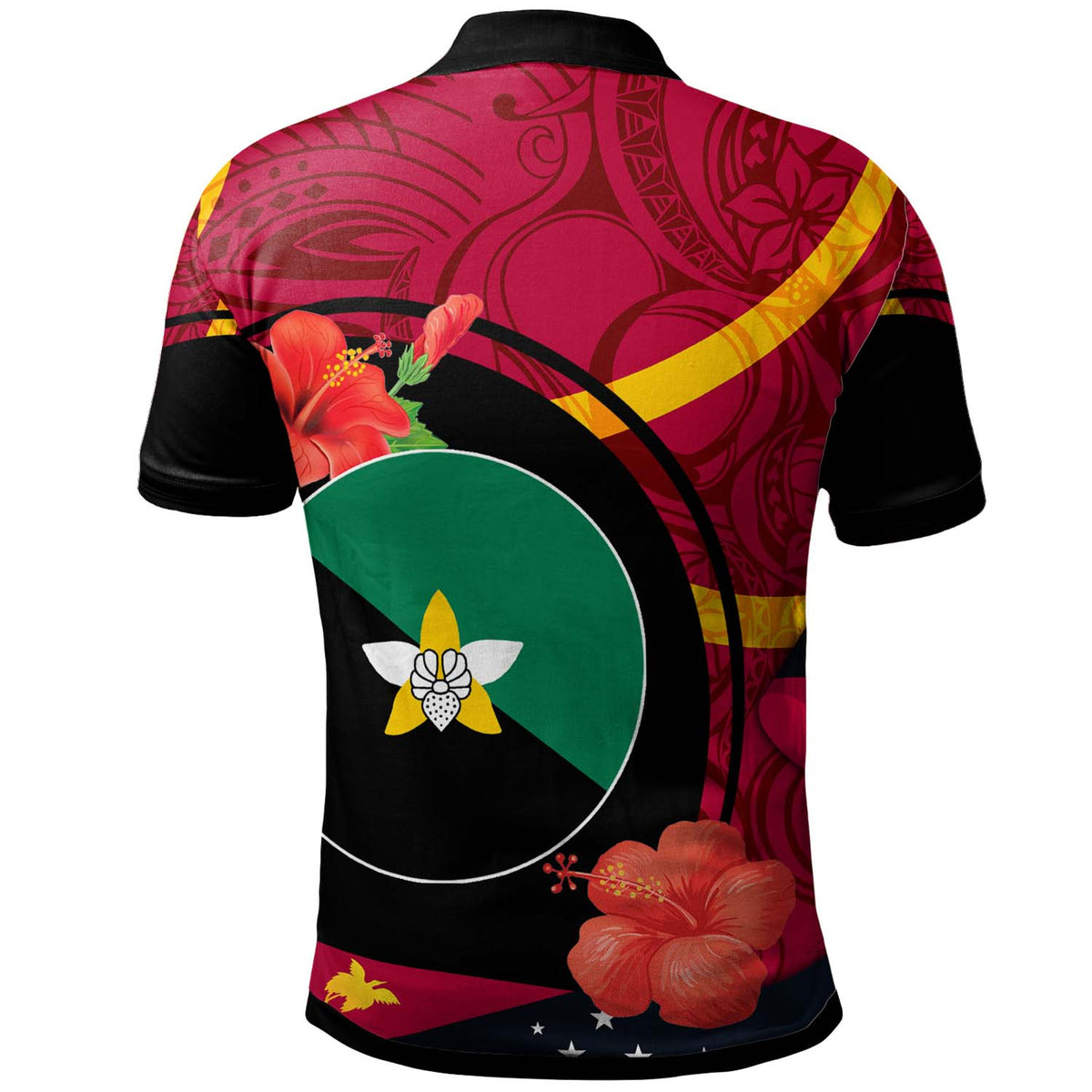 Papua New Guinea Polo Shirt Enga Flag of PNG with Hibicus and Polynesian Culture Polo Shirt - Polynesian Pride