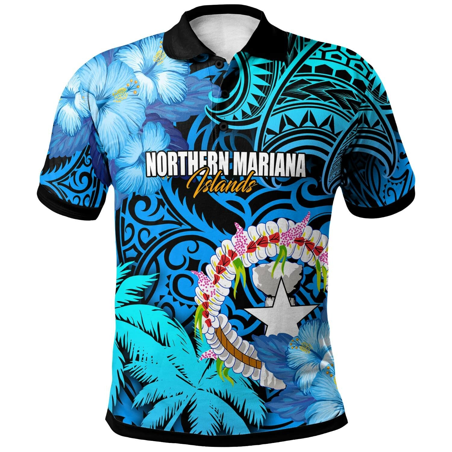 Northern Mariana Islands Polo Shirt CNMI Polynesian Culture with Hibicus Tropical Flower LT10 Blue - Polynesian Pride