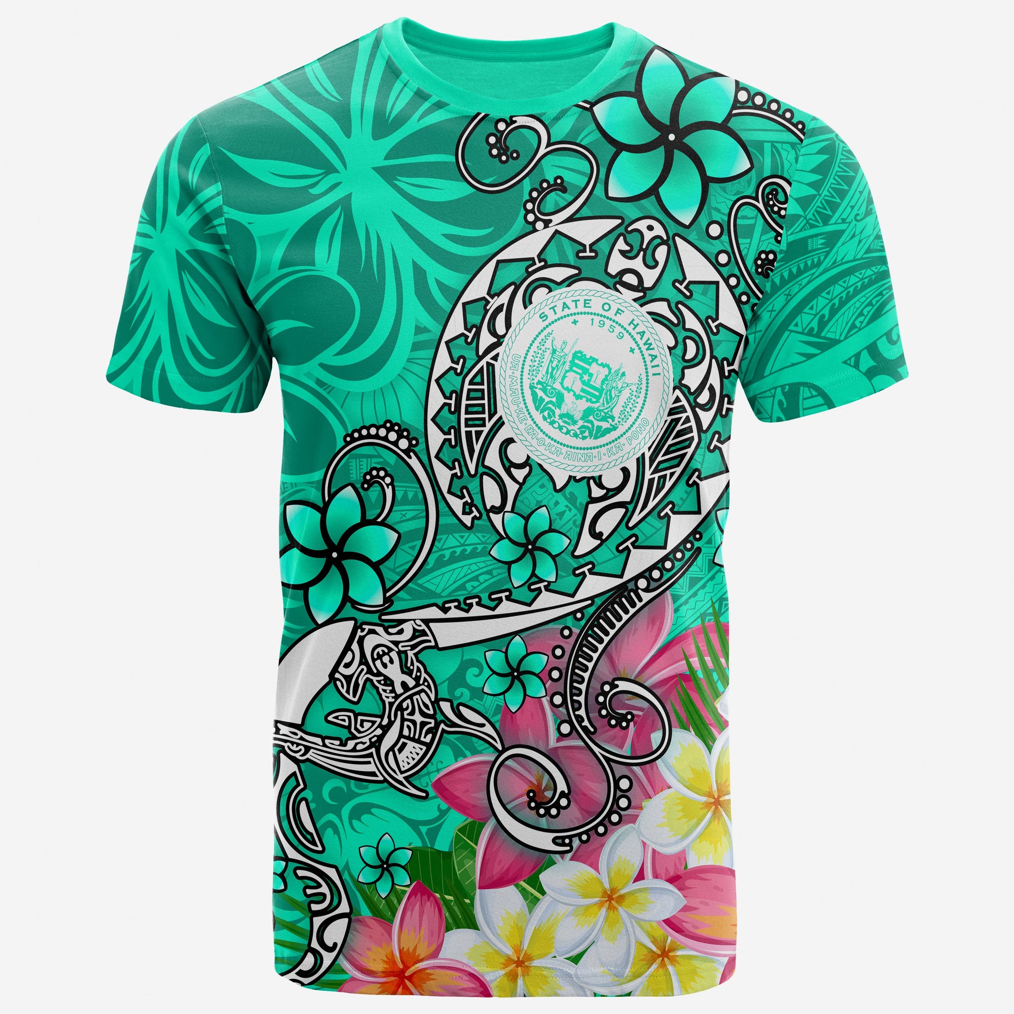 Hawaii Polynesian T Shirt Hawaii Seal With Turtle Plumeria (Turquoise) Unisex Turquoise - Polynesian Pride