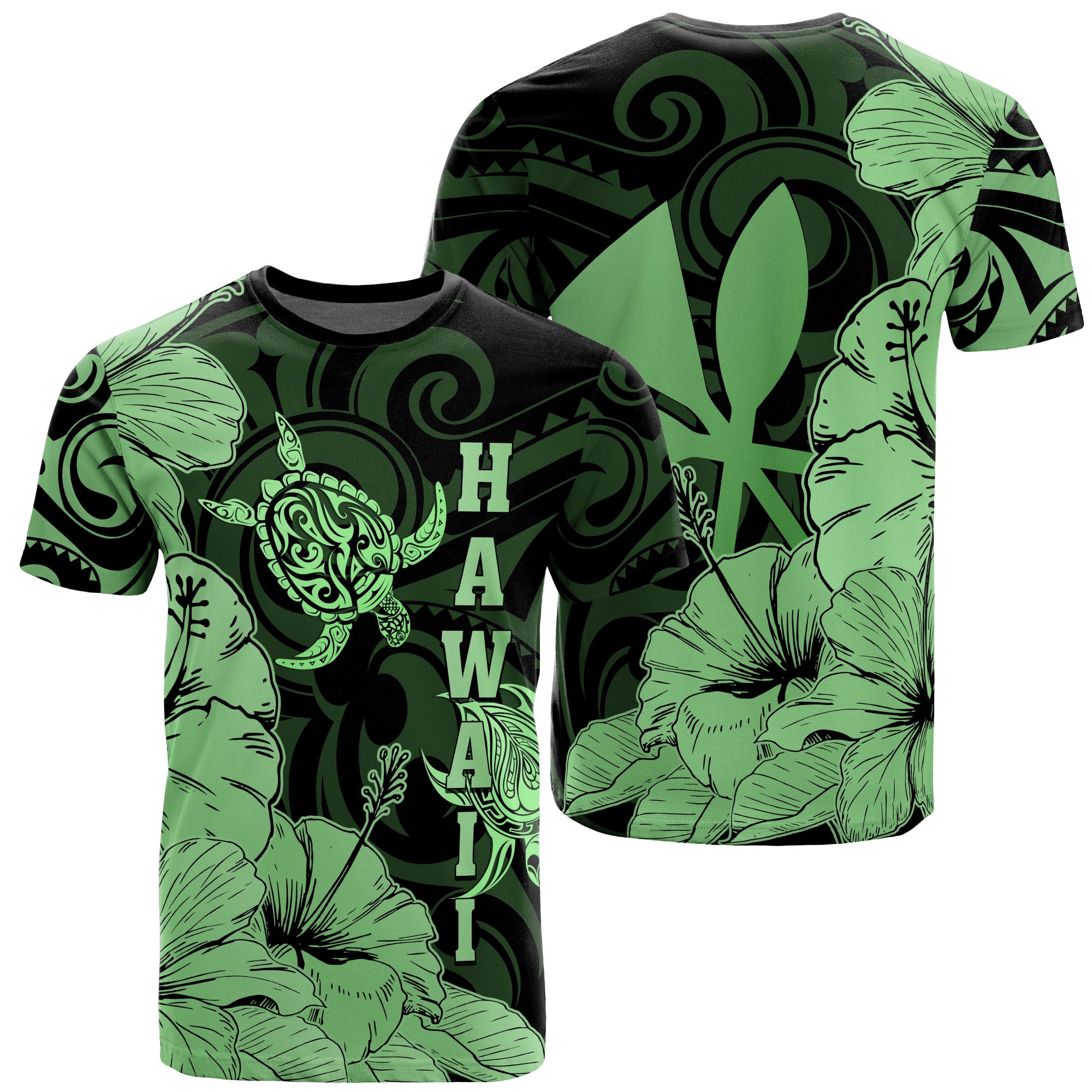 Hawaii Turtle T Shirt Polynesian Hibiscus Art Ver 2.0 Green Unisex Green - Polynesian Pride