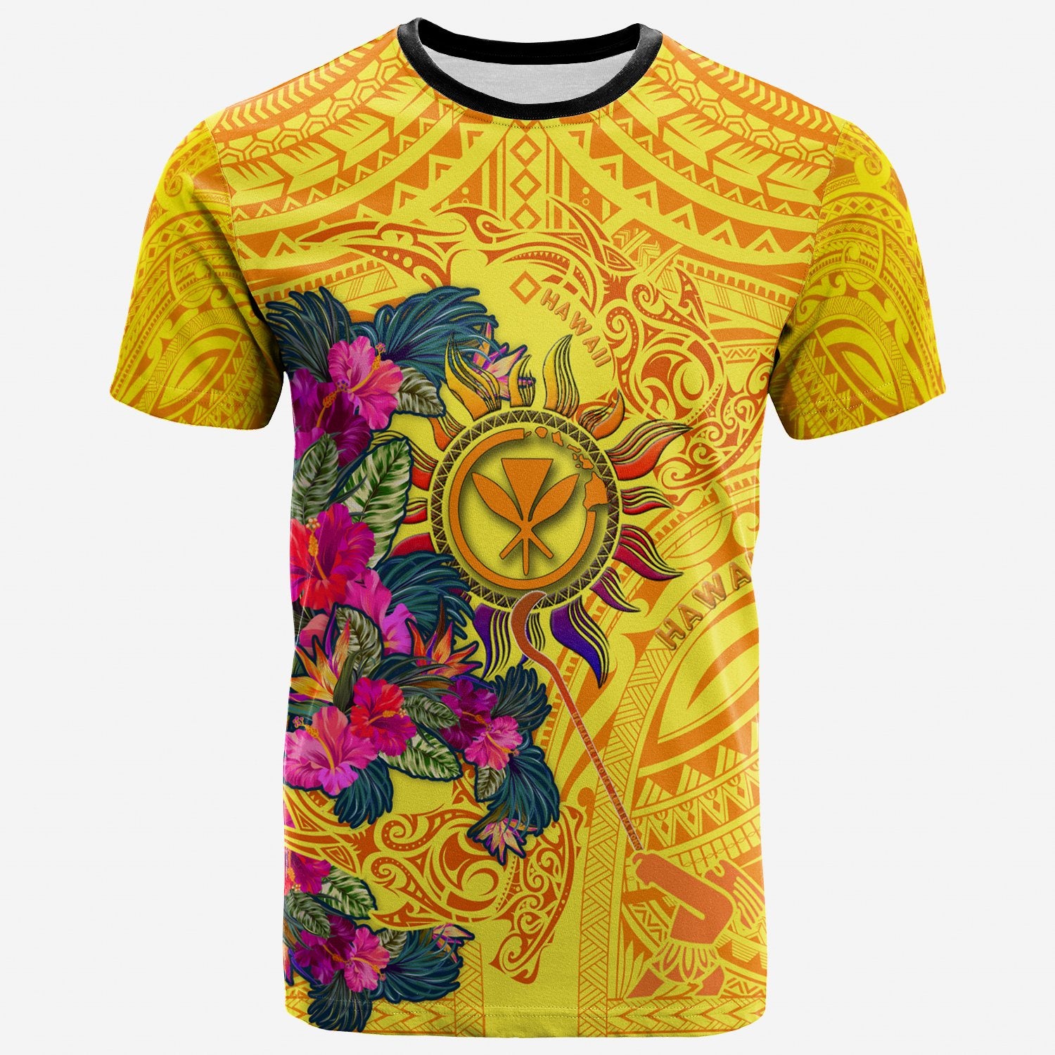 Polynesian T Shirt Hawaii Kanaka Maoli, Flowers & Polynesian Patterns Unisex Yellow - Polynesian Pride