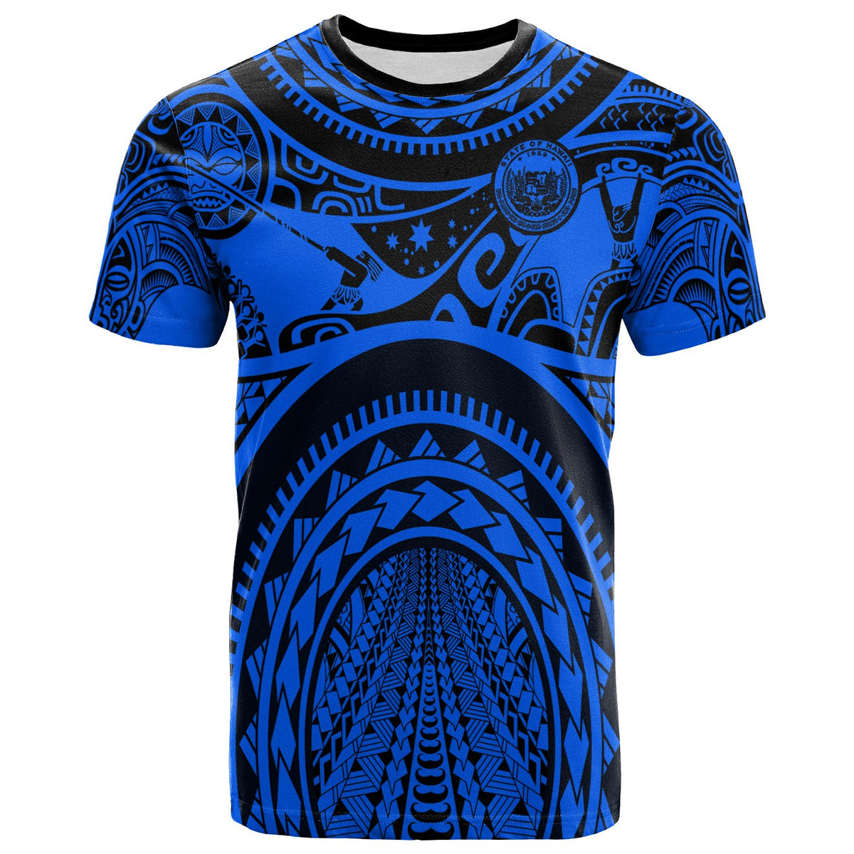 Hawaii T Shirt Coat of Arm Hawaii & Polynesian Patterns Maui Tattoo Unisex Blue - Polynesian Pride
