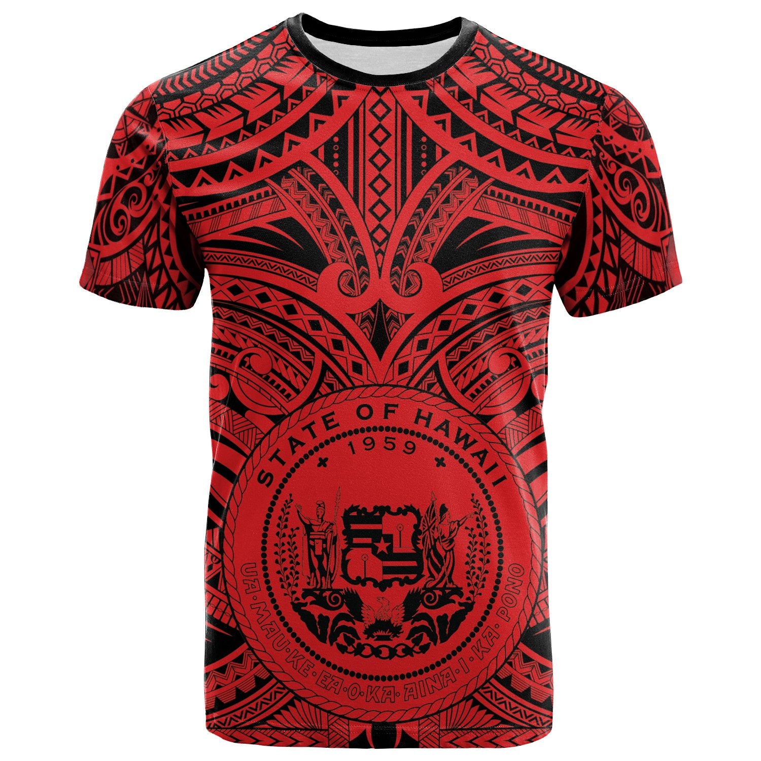 Hawaii T Shirt Coat of Arm Hawaii & Polynesian Tattoo Unisex Red - Polynesian Pride