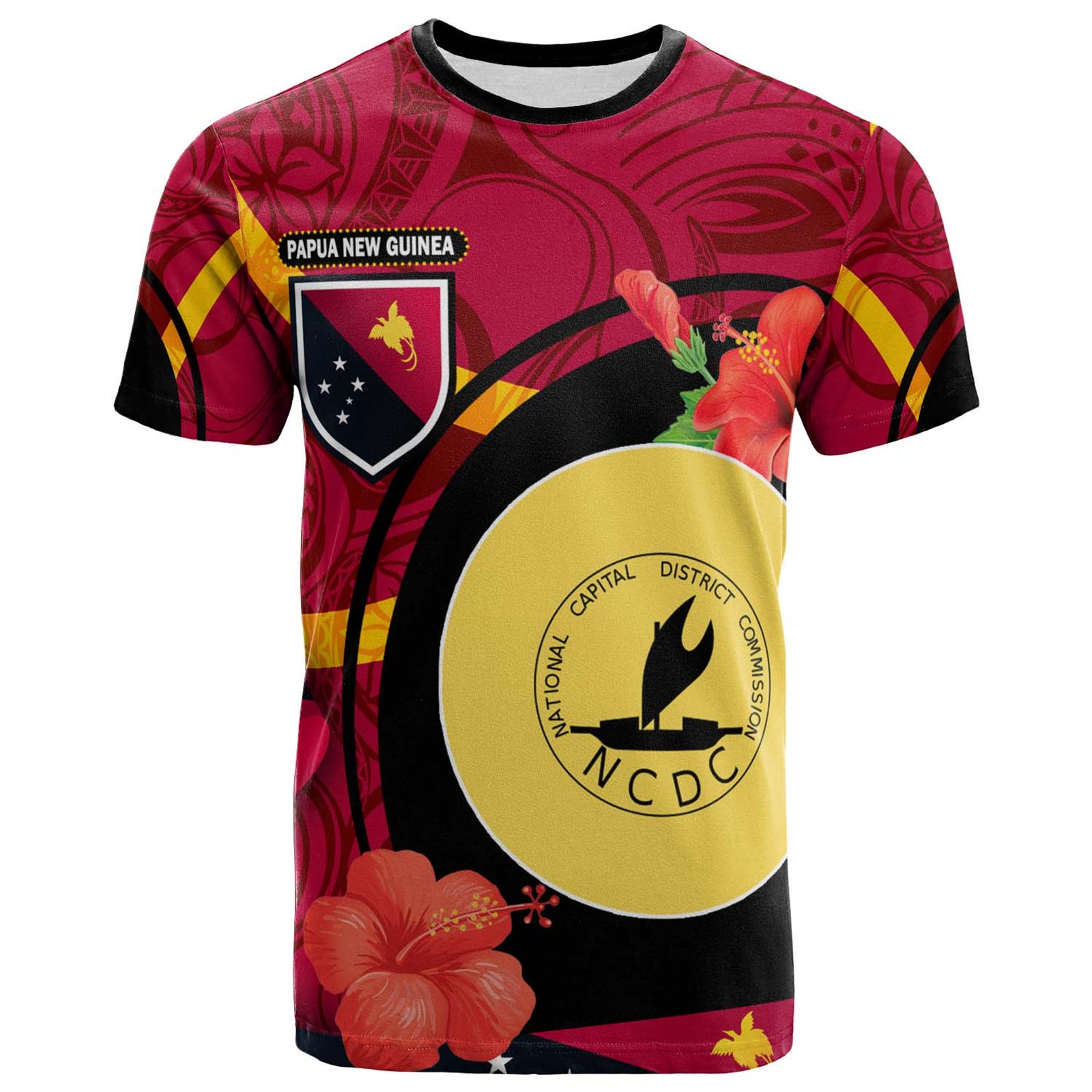 Papua New Guinea T Shirt National Capital District Flag of PNG with Hibicus and Polynesian Culture T Shirt Art - Polynesian Pride