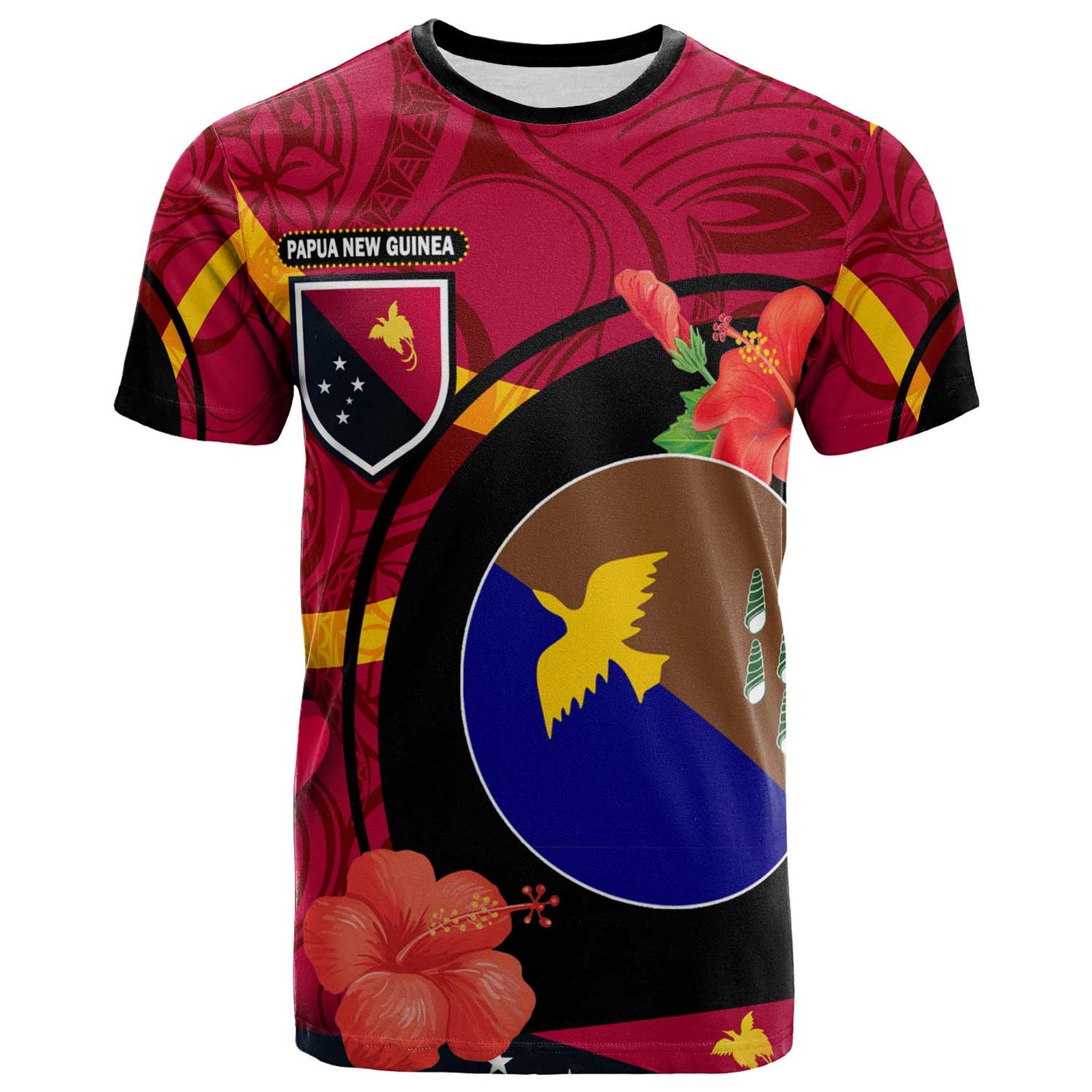 Papua New Guinea T Shirt Manus Flag of PNG with Hibicus and Polynesian Culture T Shirt Art - Polynesian Pride