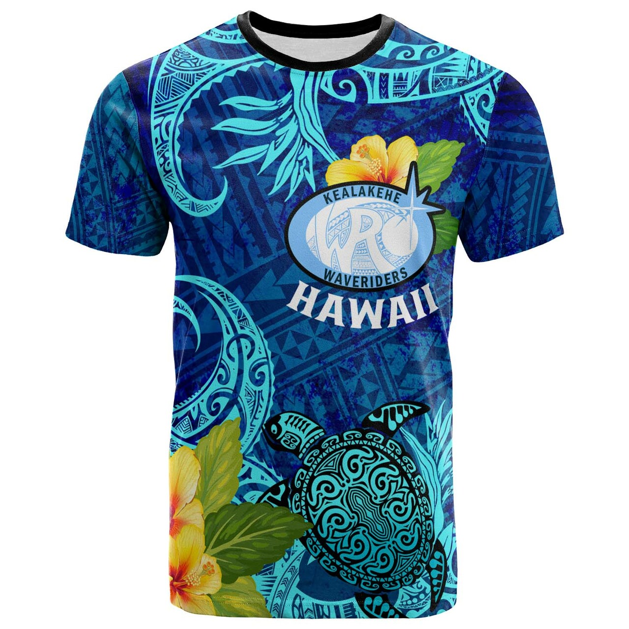 Hawaii Custom T Shirt Kealakehe High School with Polynesian Patterns and Hibicus Flower LT10 Blue - Polynesian Pride