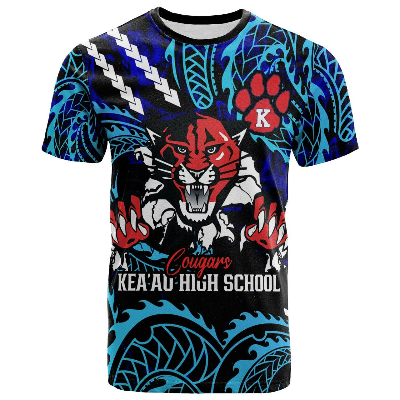 Hawaii Custom T Shirt Keaau High School Cougars with Polynesian Patterns Galaxy LT10 Blue - Polynesian Pride