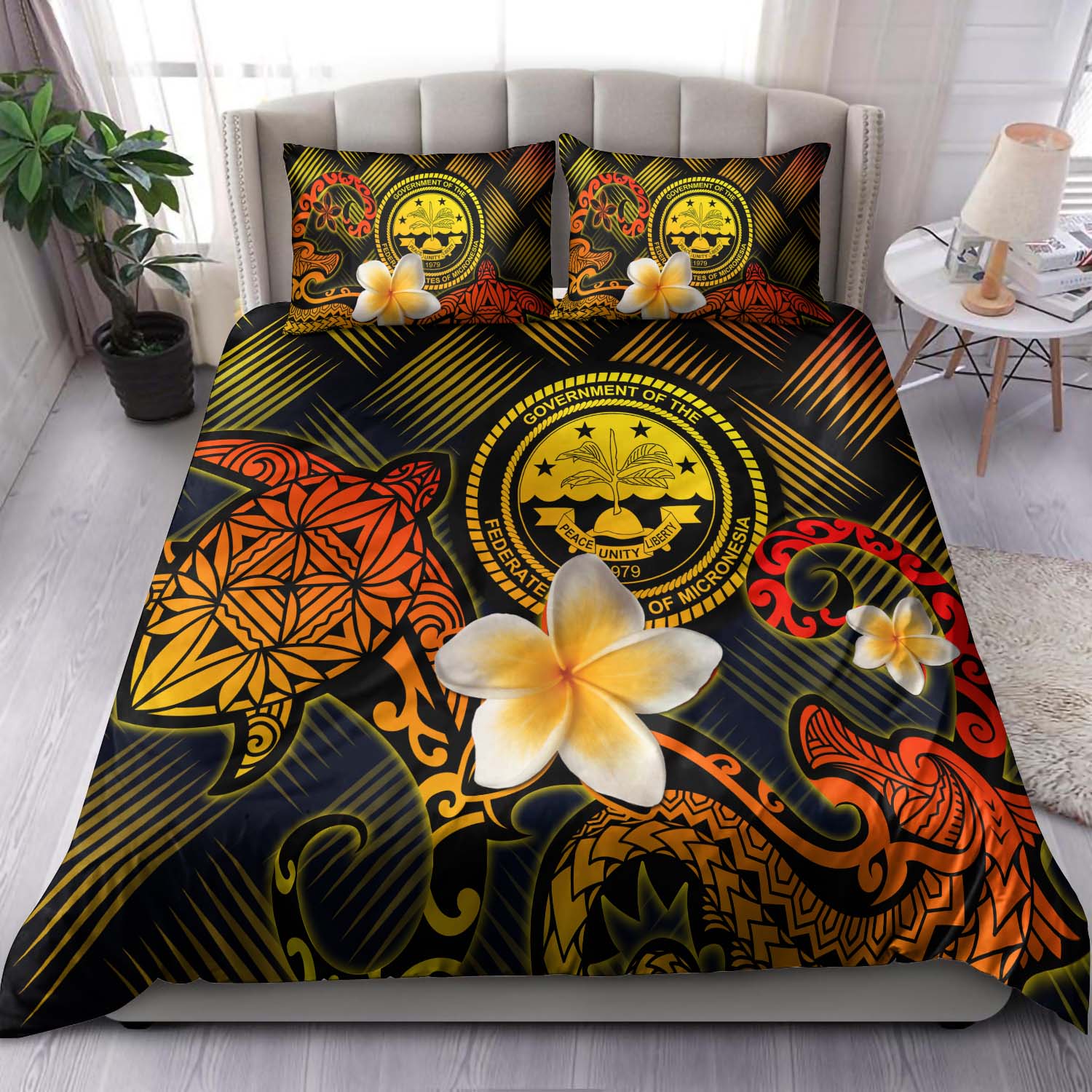 Federated States of Micronesia Polynesian Bedding Set - Lauhala Turtle Plumeria Tropical Black - Polynesian Pride