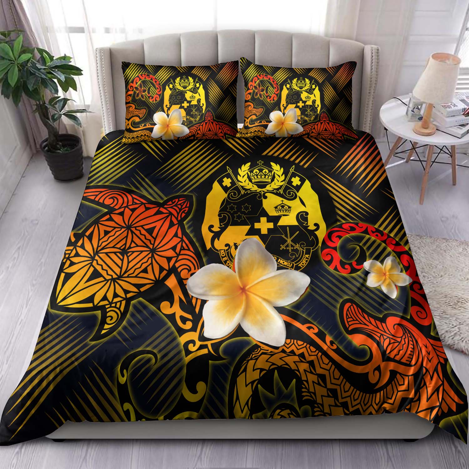 Tonga Polynesian Bedding Set - Lauhala Turtle Plumeria Tropical Black - Polynesian Pride