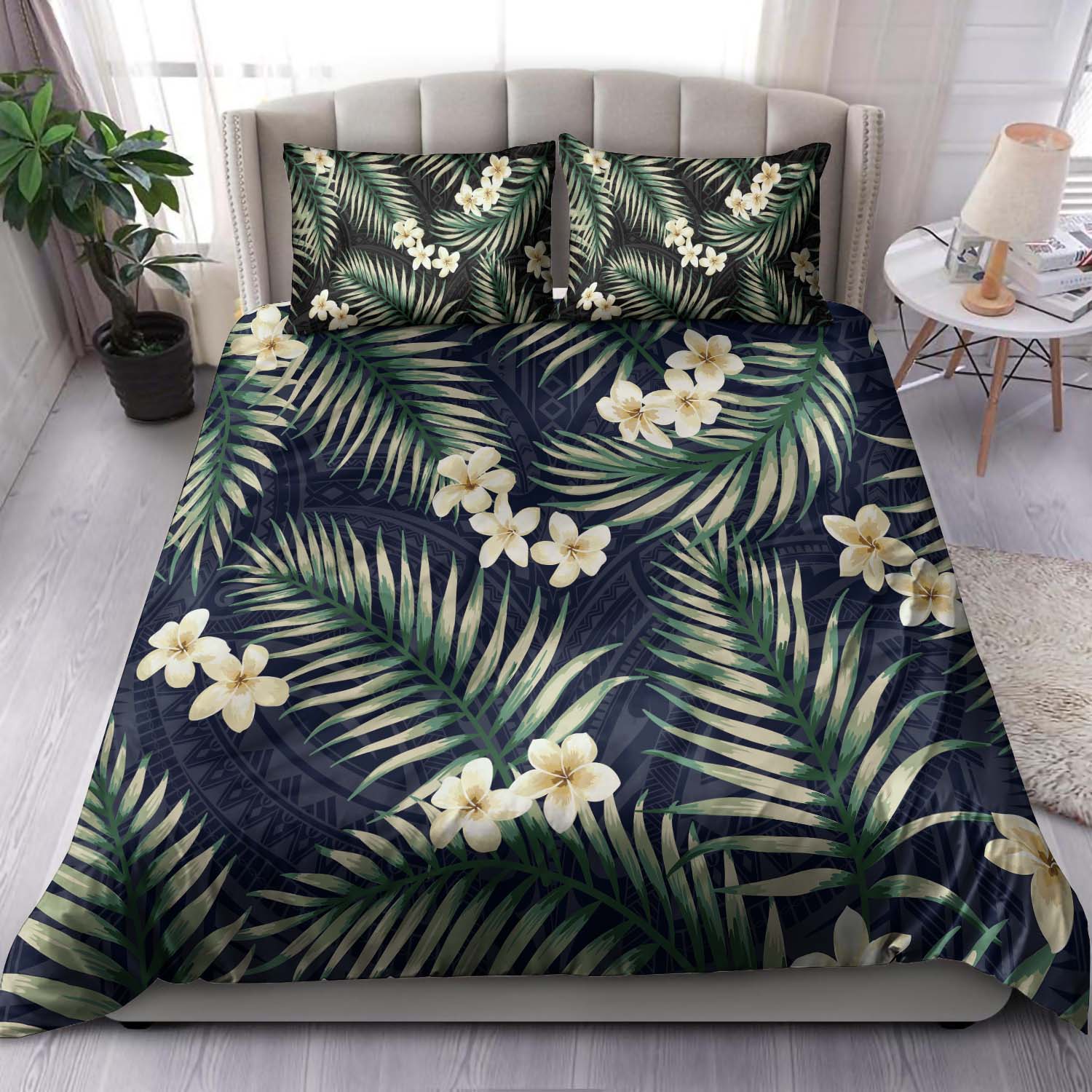 Hawaii Polynesian Bedding Set - Hawaii Plumeria Flower Sleeves Black - Polynesian Pride