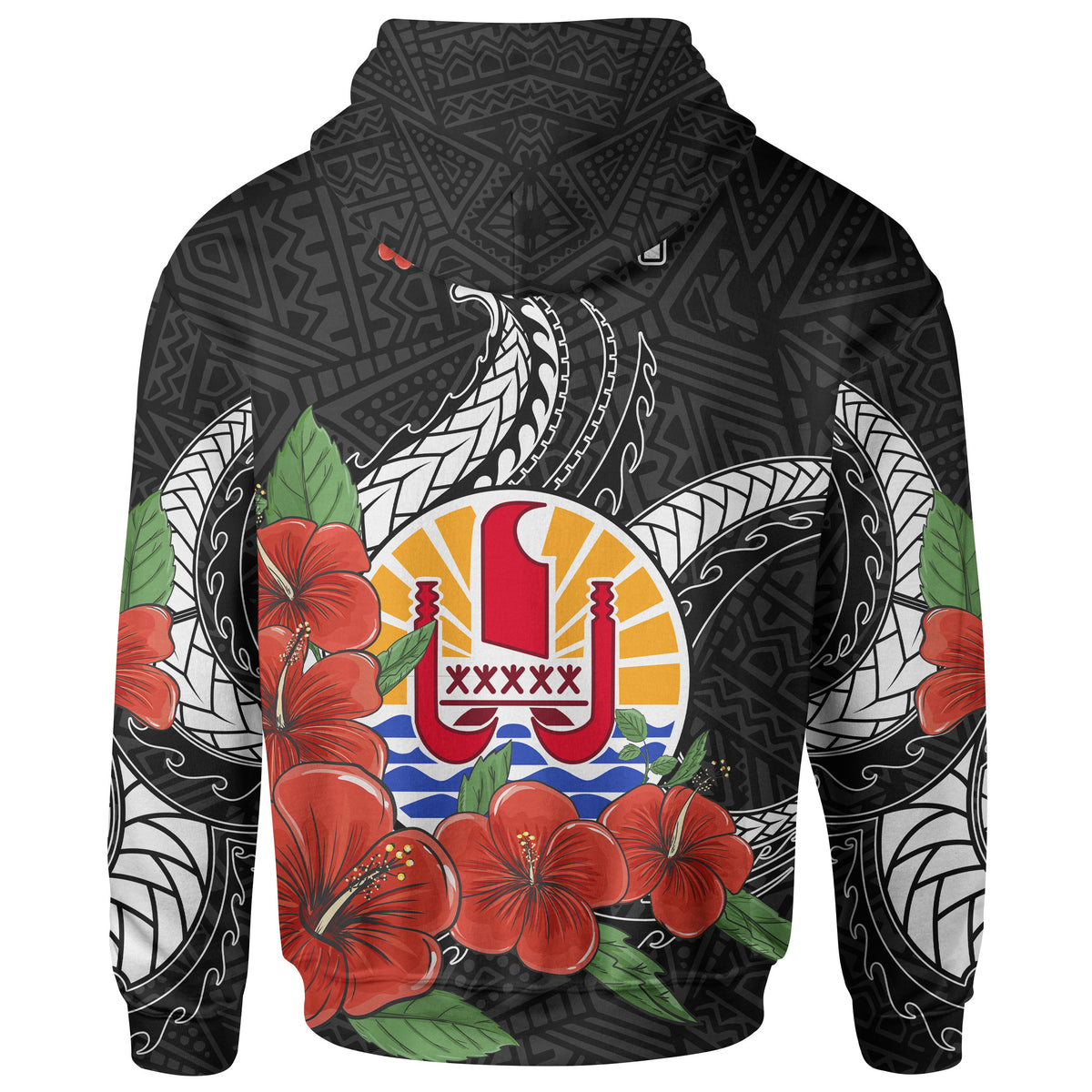 Tahiti Polynesian Hoodie Hibiscus Coat of rm Black - Polynesian Pride