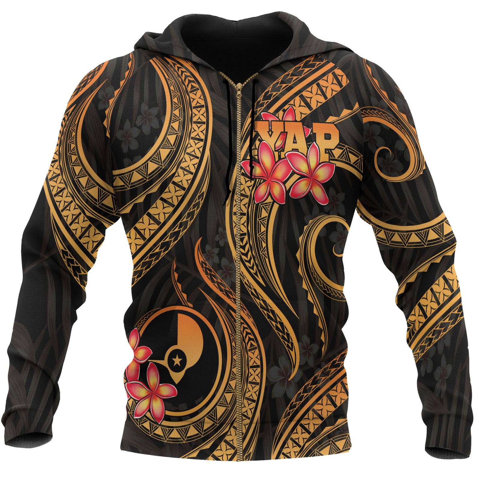 Yap Micronesian Zip up Hoodie Gold Plumeria Unisex GOLD - Polynesian Pride