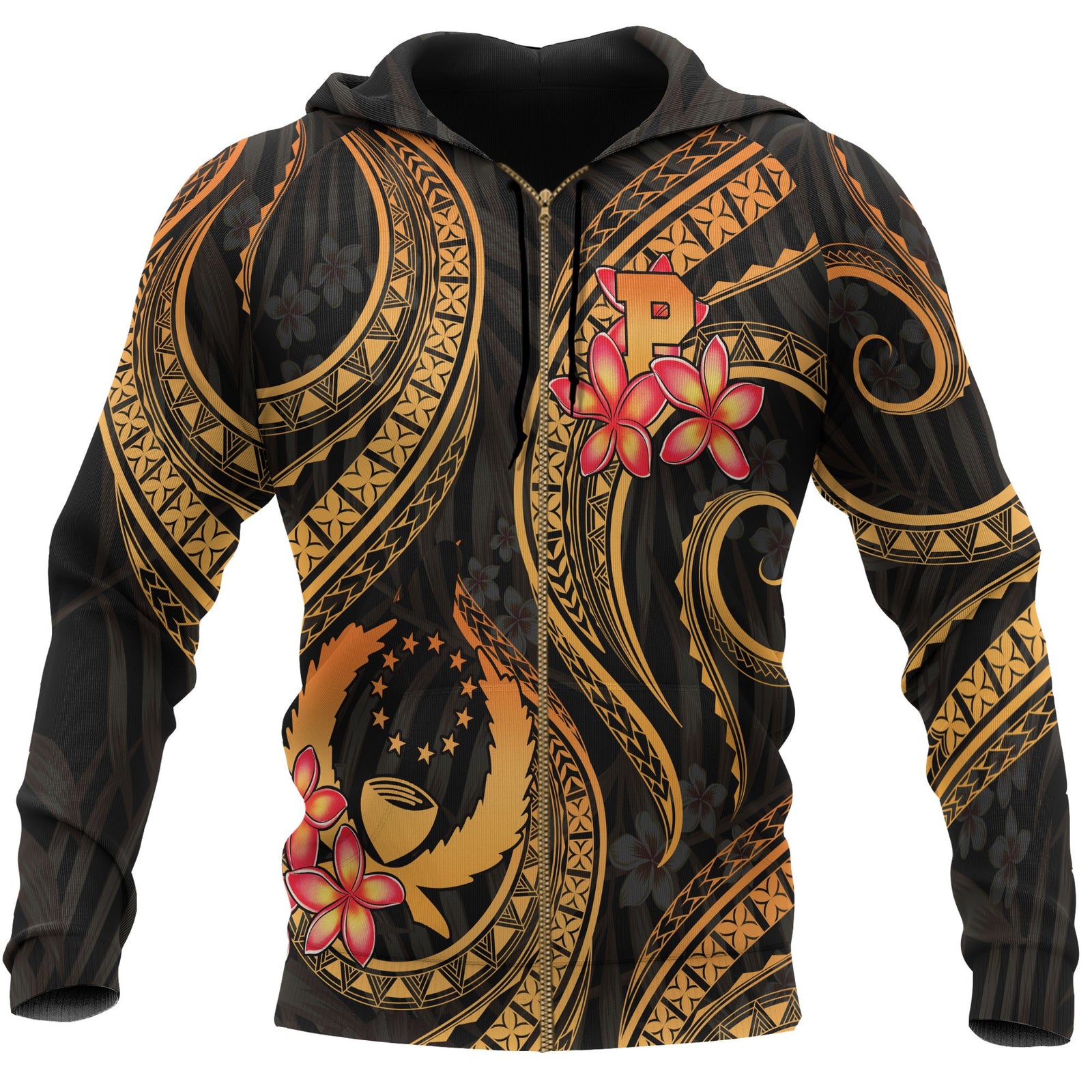 Pohnpei Micronesian Zip up Hoodie Gold Plumeria Unisex GOLD - Polynesian Pride