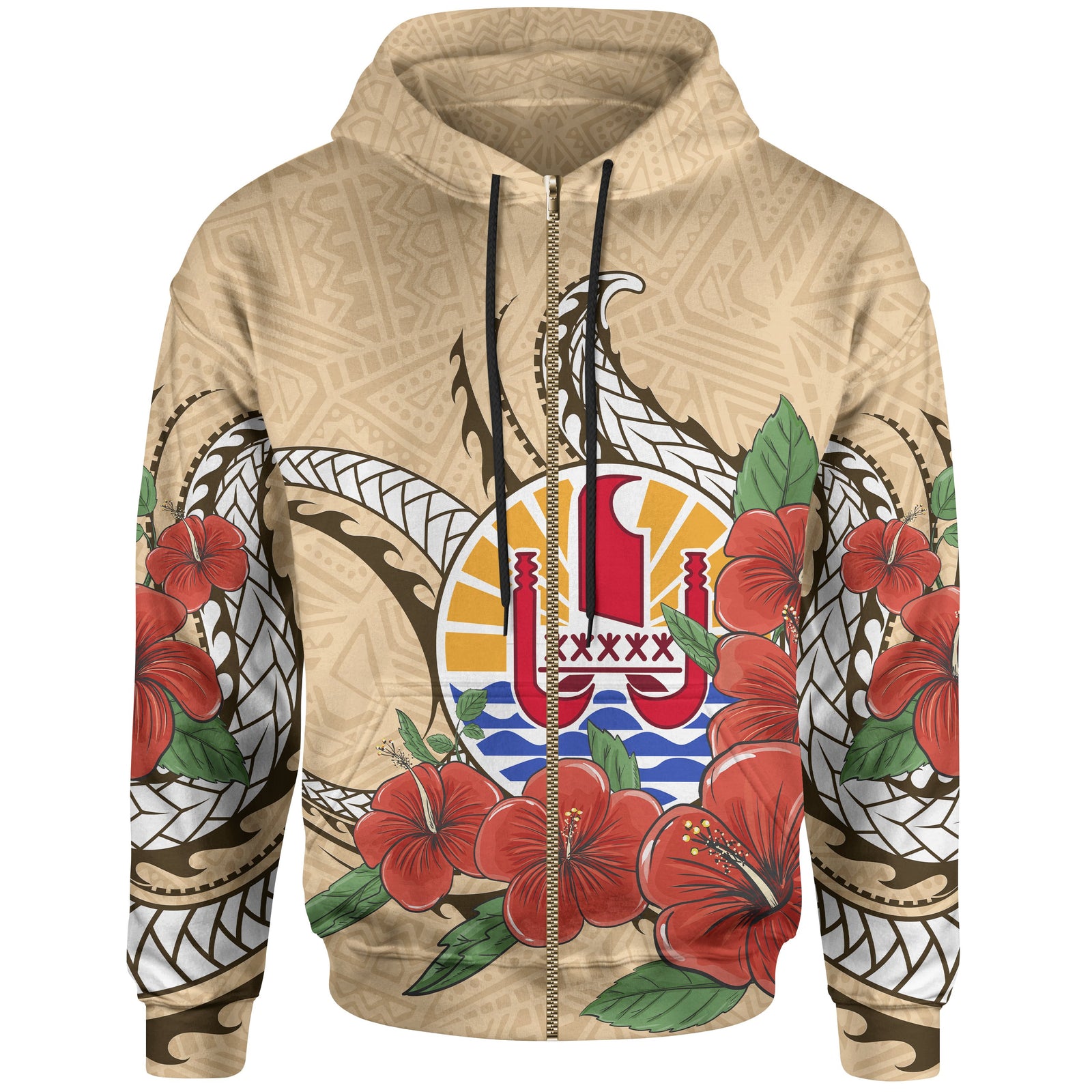Tahiti Polynesian Zip up Hoodie Hibiscus Coat of Arm Beige Unisex BEIGE - Polynesian Pride