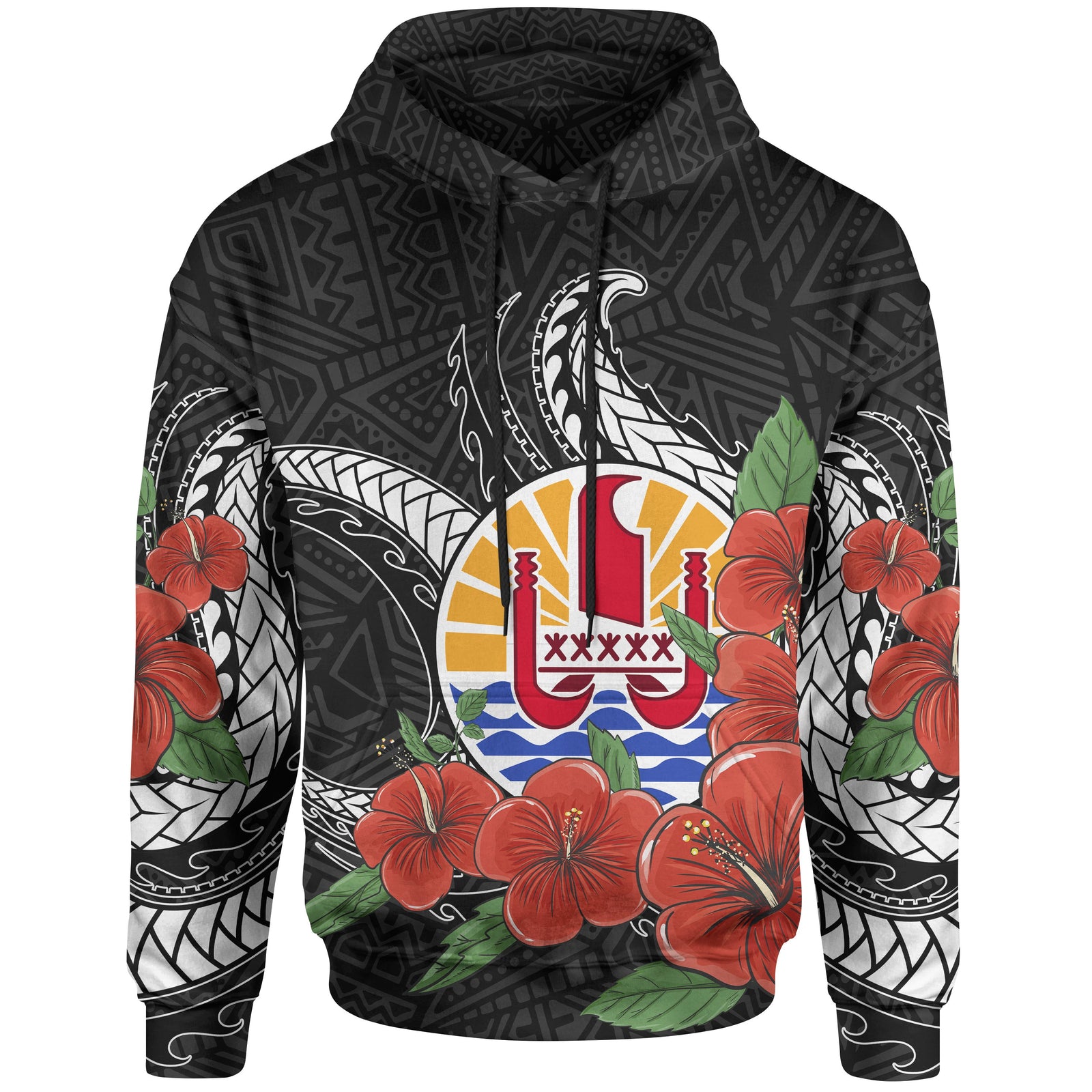 Tahiti Polynesian Hoodie Hibiscus Coat of rm Black Unisex BLACK - Polynesian Pride