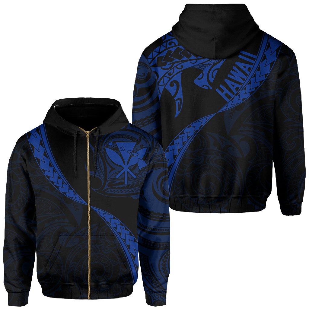 Hawaiian Kanaka Hoodie (Zipper) Mano Kihikihi Blue Unisex Blue - Polynesian Pride
