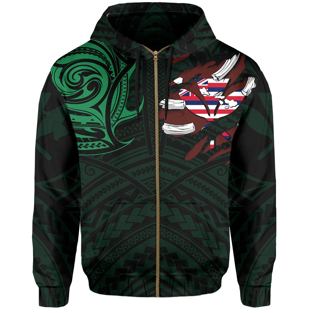 Hawaiian Kanaka Hoodie (Zipper) Heart Tattoo Green - Polynesian Pride