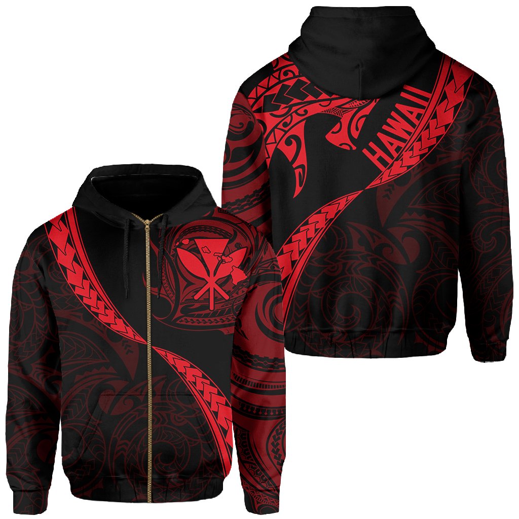 Hawaiian Kanaka Hoodie (Zipper) Mano Kihikihi Red Unisex Red - Polynesian Pride