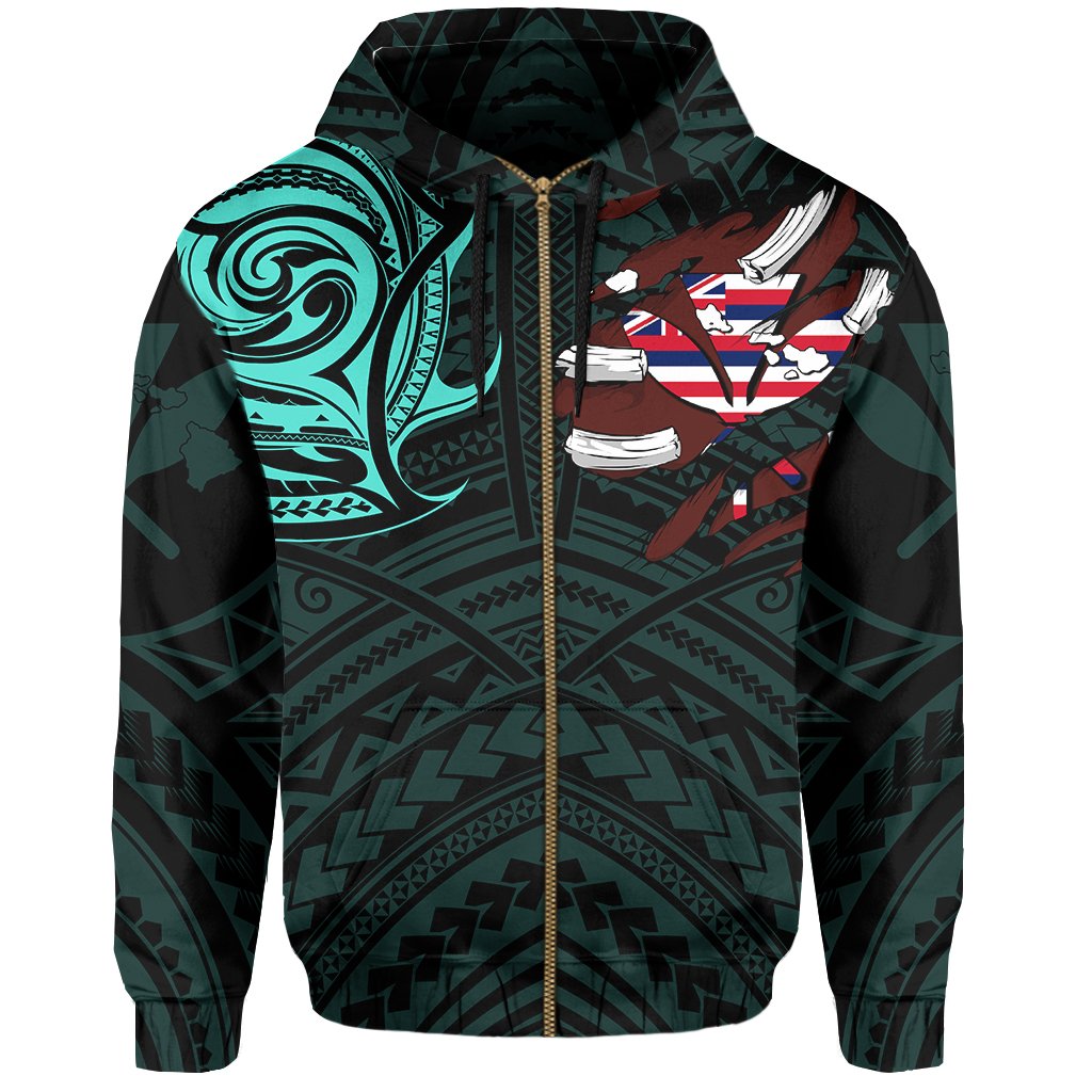 Hawaiian Kanaka Hoodie (Zipper) Heart Tattoo Turquoise - Polynesian Pride