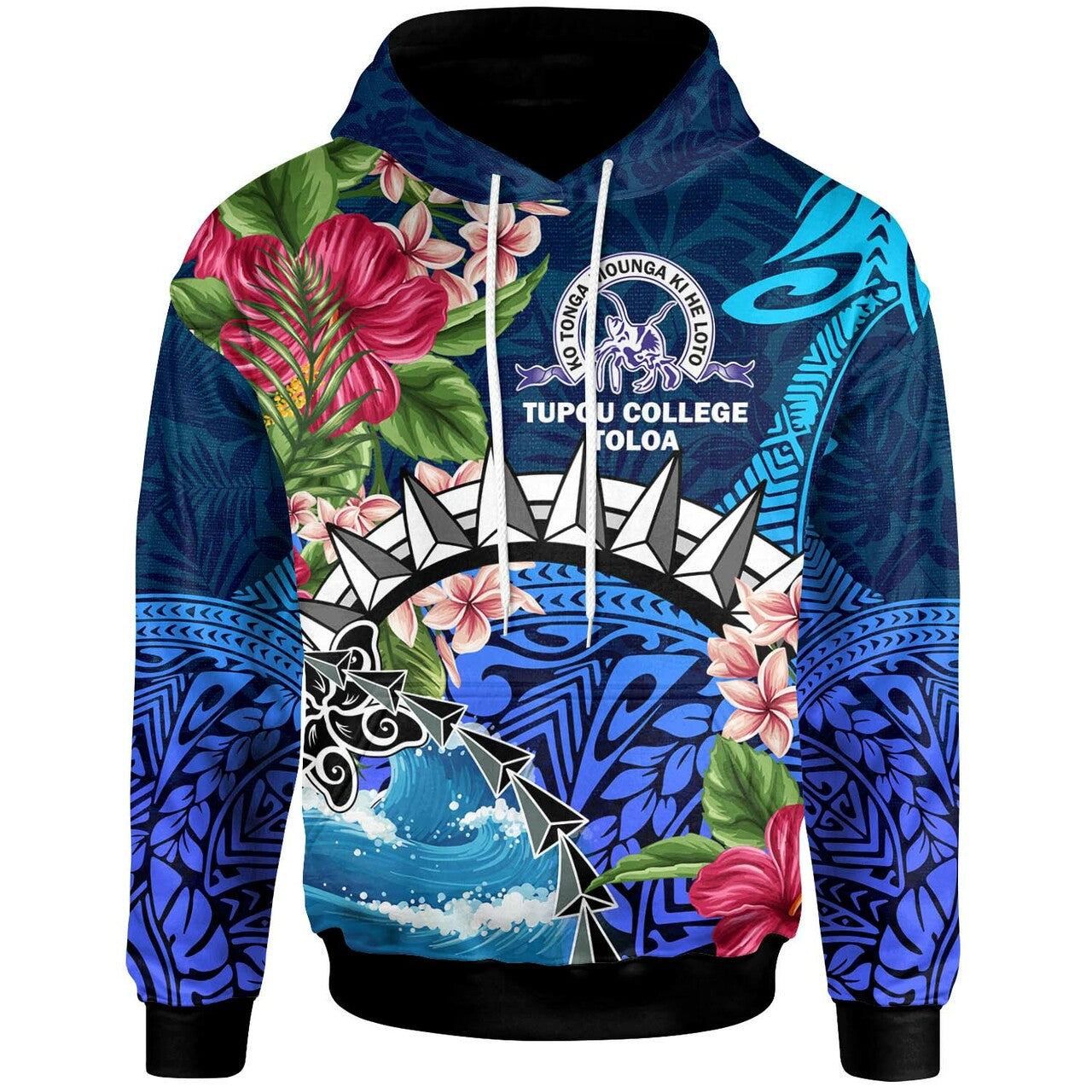 Tonga Custom Hoodie Tupou College Polynesian Tonga Pattern with Flower LT10 Blue - Polynesian Pride