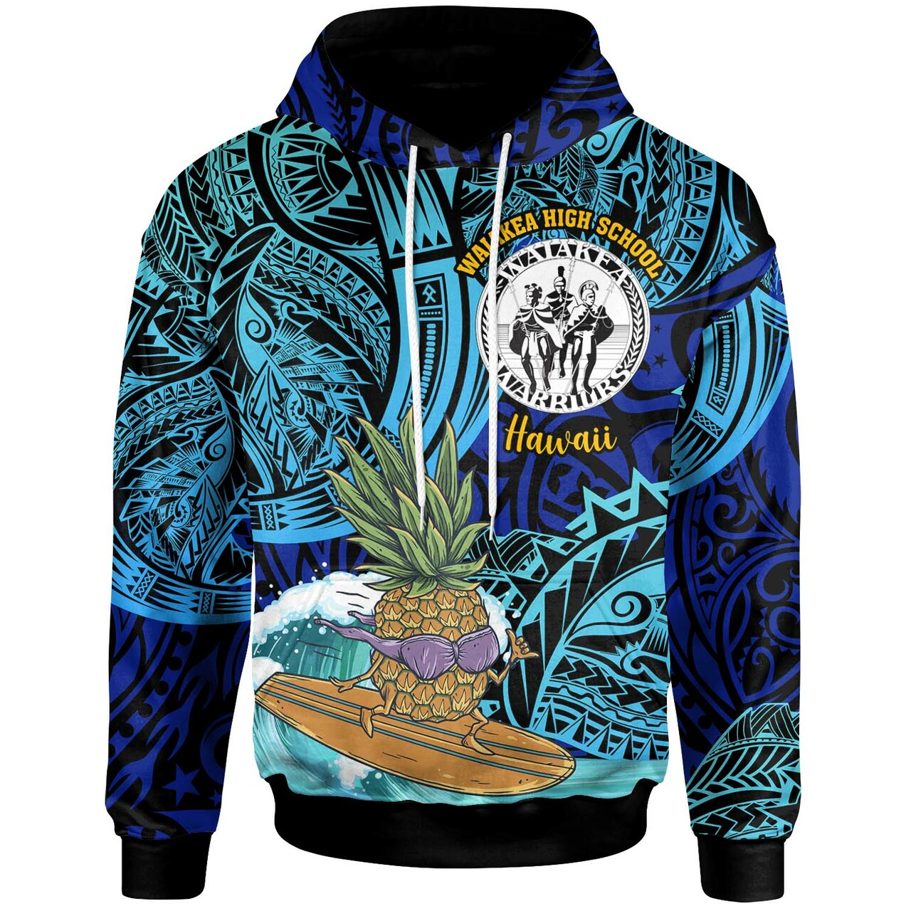 Hawaii Custom Hoodie Waiakea High School with Polynesian Culture and Tiki Surfer LT10 Blue - Polynesian Pride