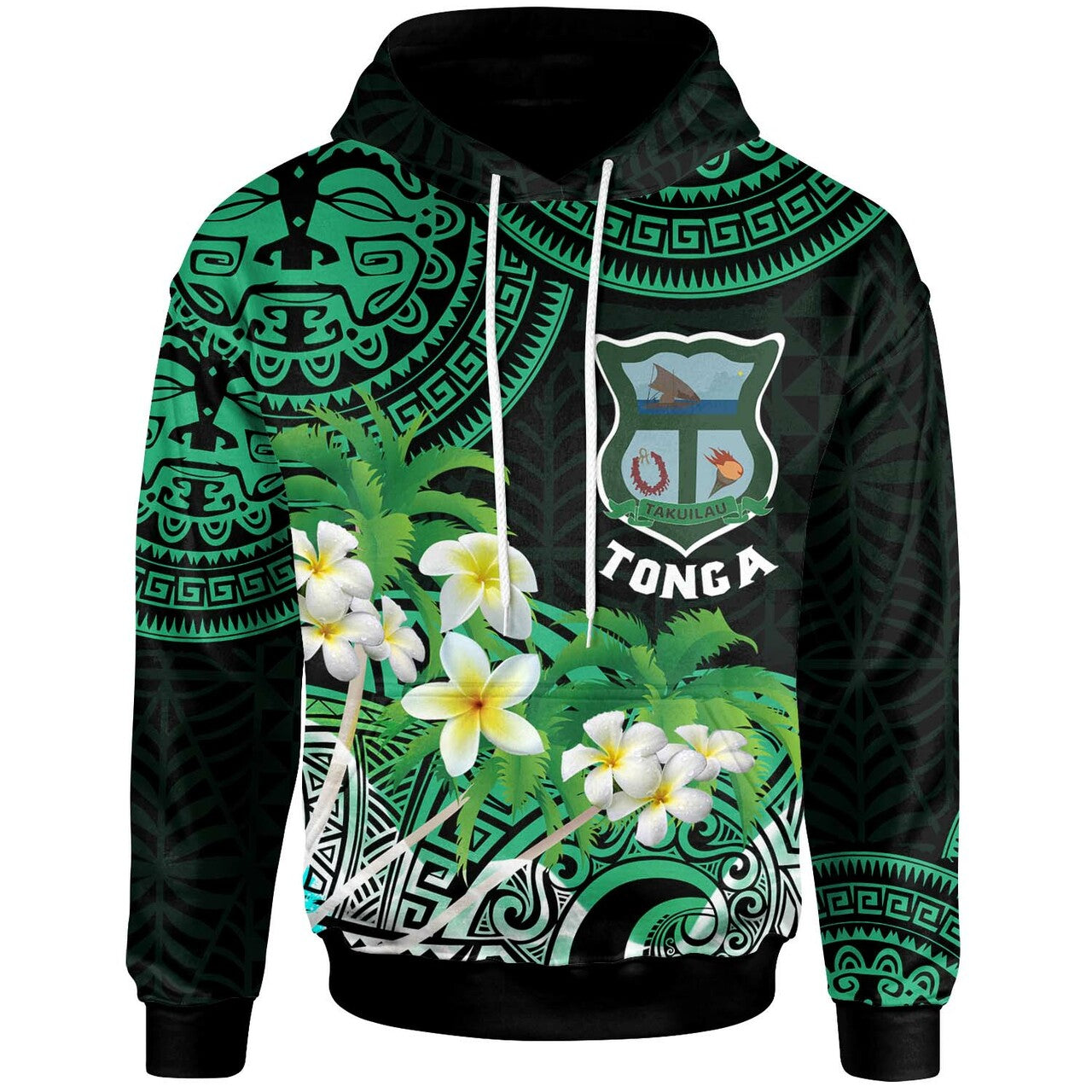 Tonga Custom Hoodie Takuilau College with Polynesian Patterns and Plumeria Flower LT10 Green - Polynesian Pride