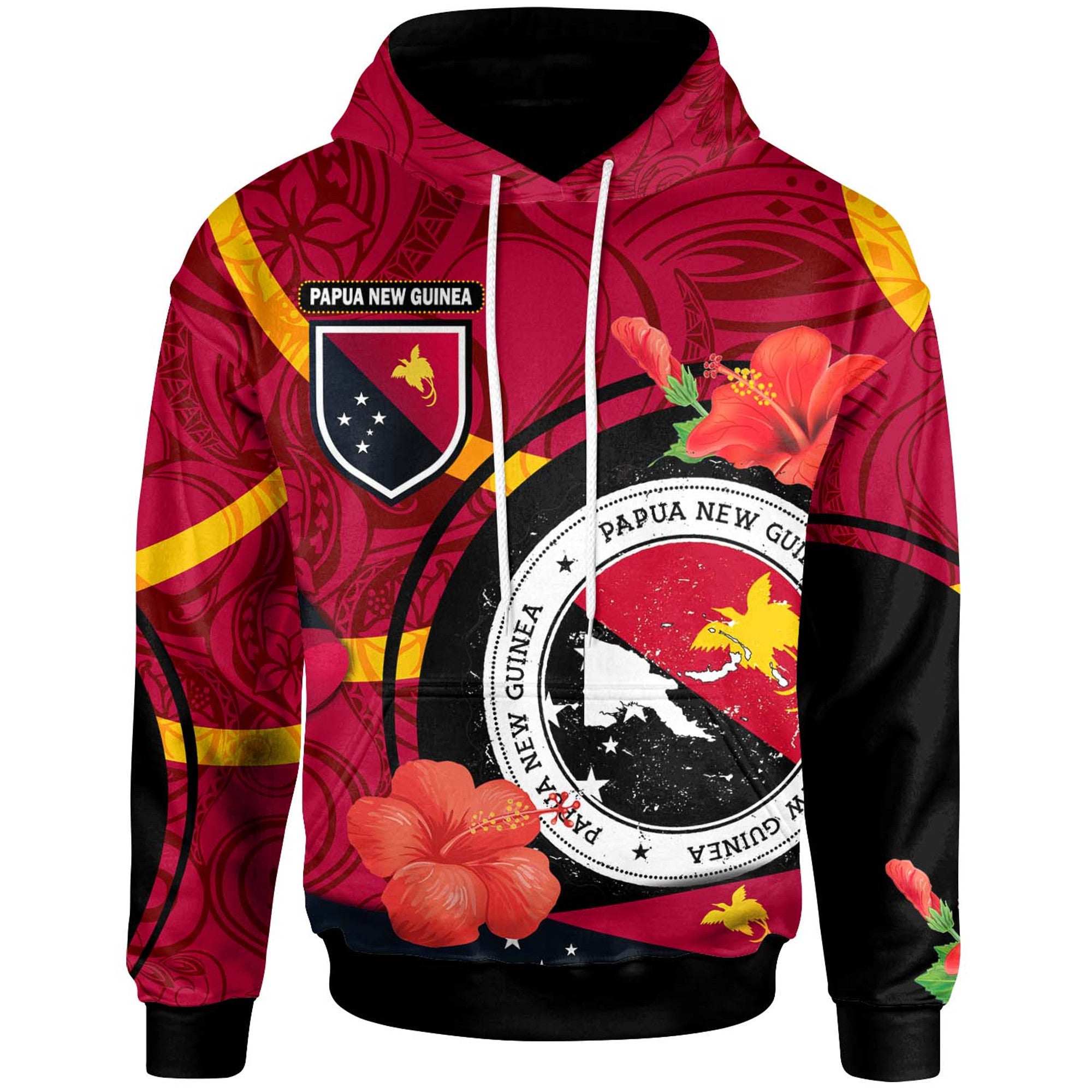 Papua New Guinea Hoodie Custom Papua New Guinea Flag with Hibicus Polynesian Patterns Hoodie Red - Polynesian Pride