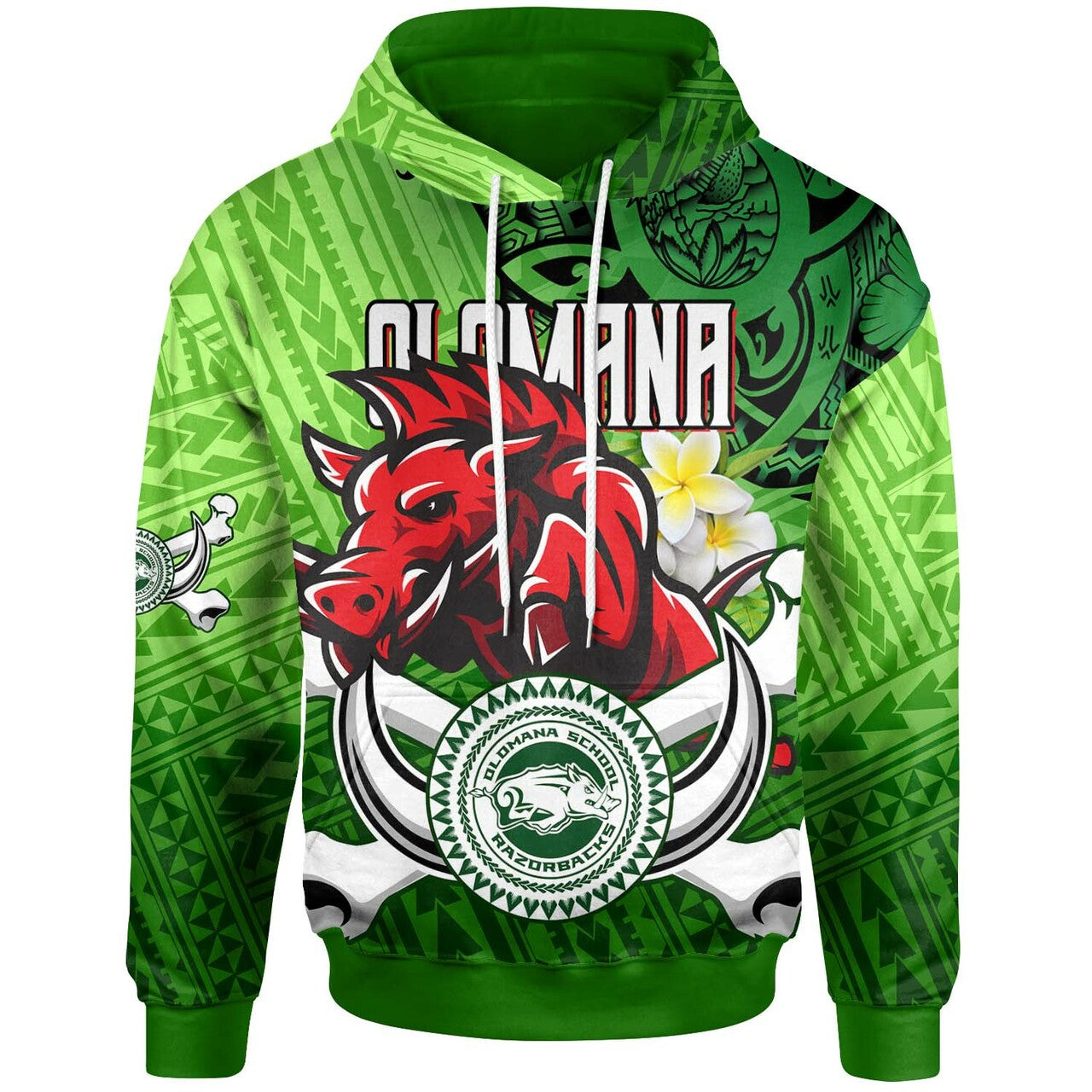 Hawaii Custom Hoodie Olomana High & Intermediate School Polynesian Boar and Plumeria LT10 Green - Polynesian Pride