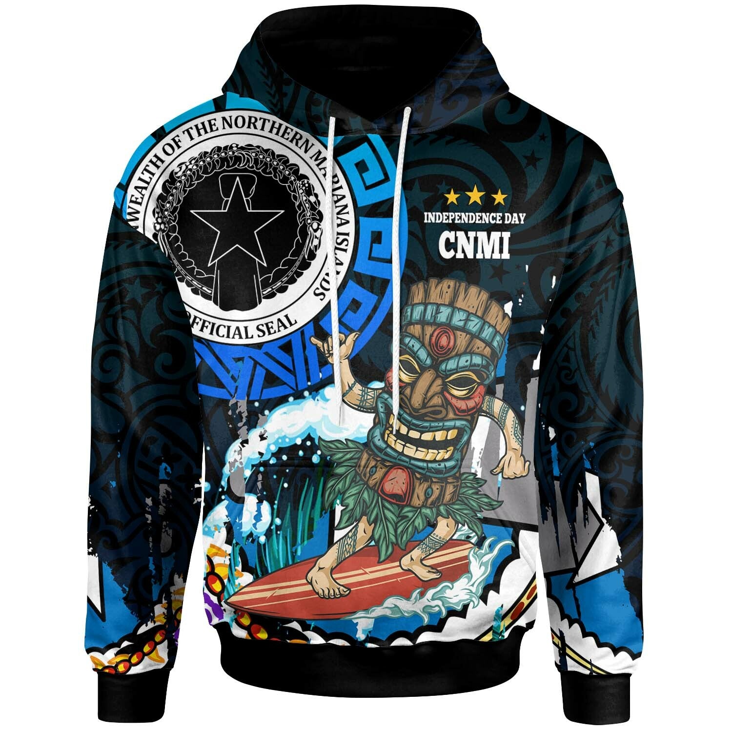 Northern Mariana Islands Hoodie CNMI Polynesian Culture with Tiki Surf Style LT10 Black - Polynesian Pride