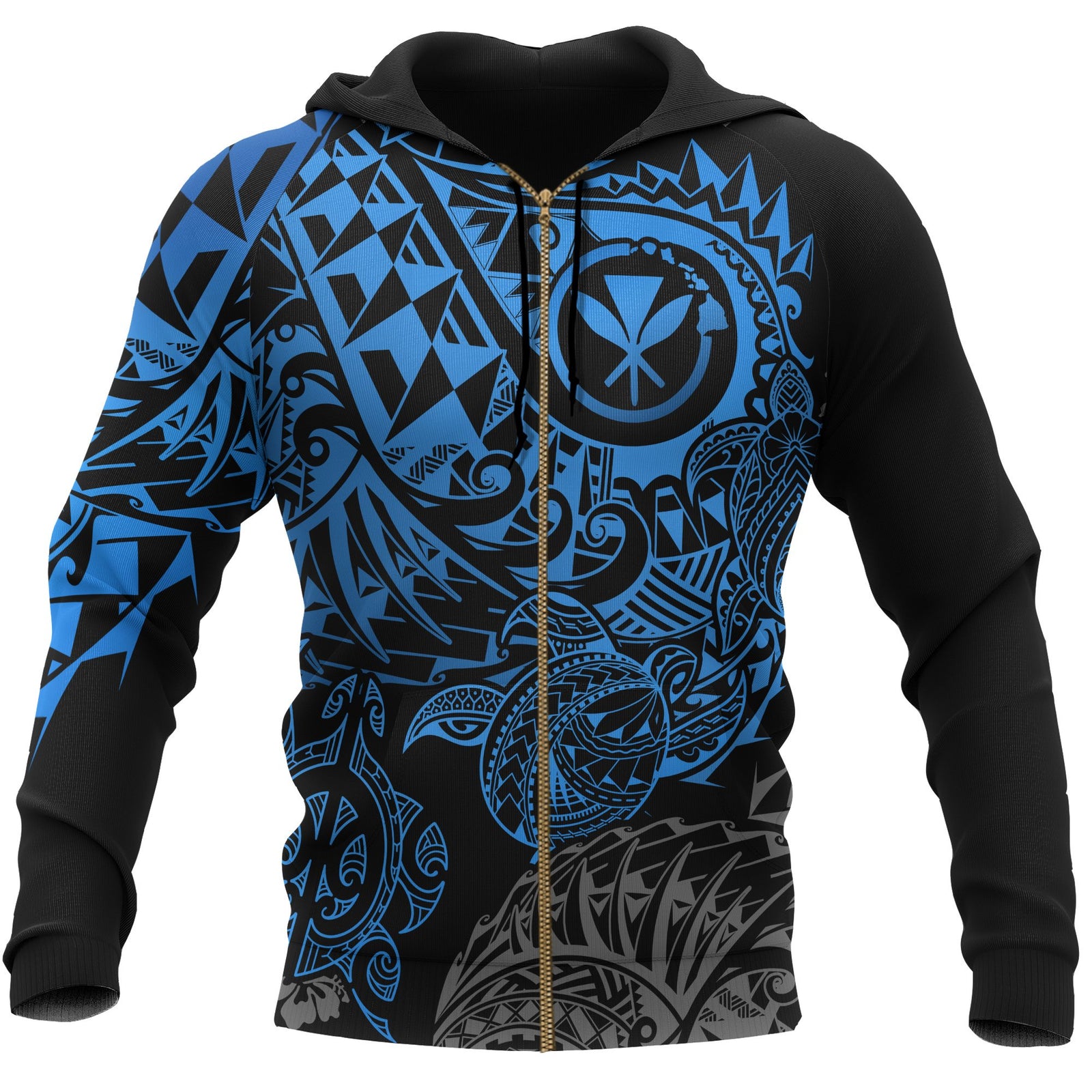 Polynesian Hawaii (Kanaka Maoli) Zip up Hoodie Blue Turtle Hibiscus Flowing Unisex Blue - Polynesian Pride