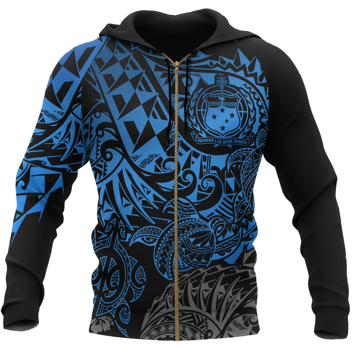 Samoa Polynesian Zip up Hoodie Blue Turtle Flowing Unisex Blue - Polynesian Pride
