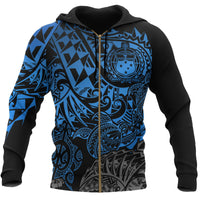 Samoa Polynesian Zip up Hoodie Blue Turtle Flowing Unisex Blue - Polynesian Pride
