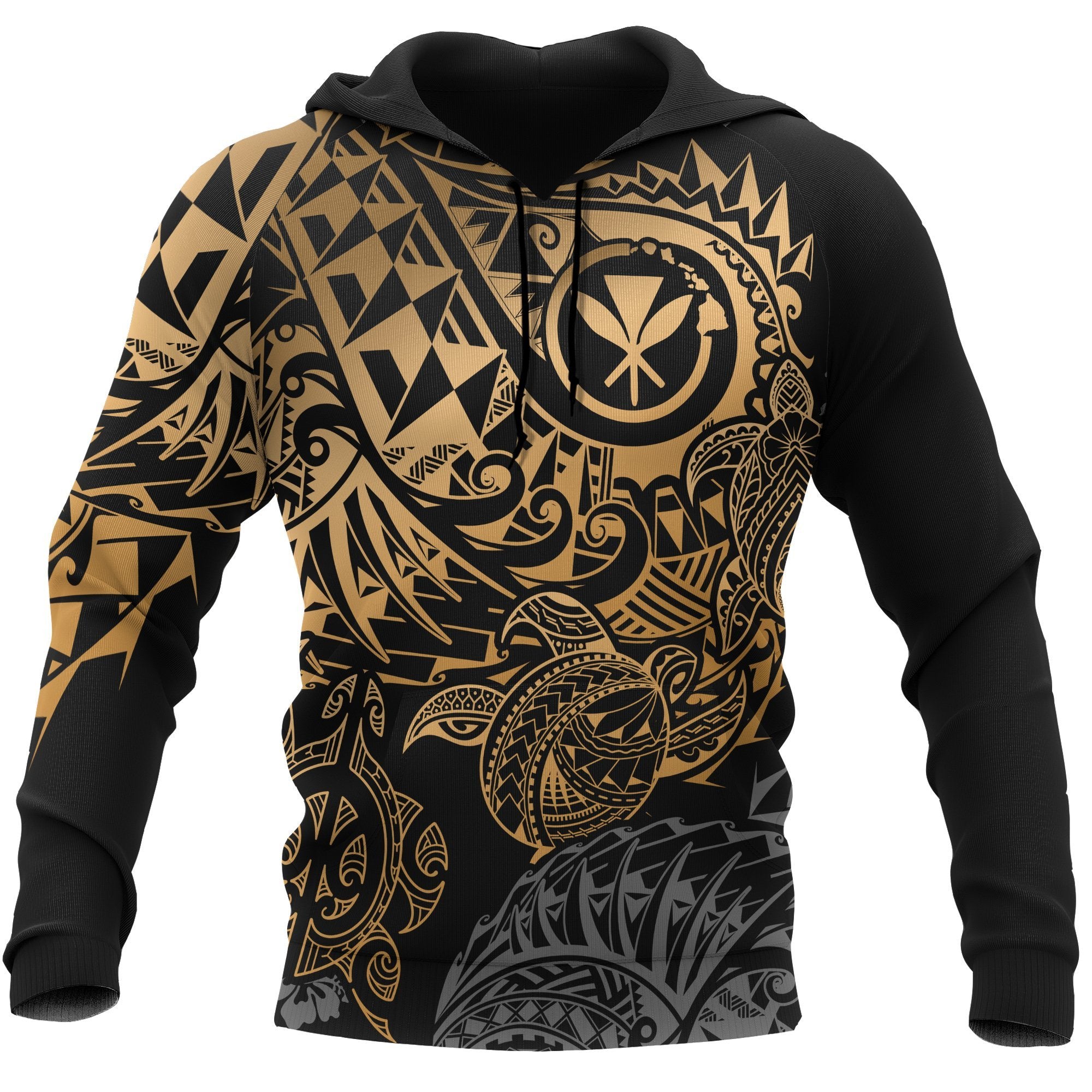 Polynesian Hawaii (Kanaka Maoli) Hoodie Gold Turtle Hibiscus Flowing Unisex GOLD - Polynesian Pride