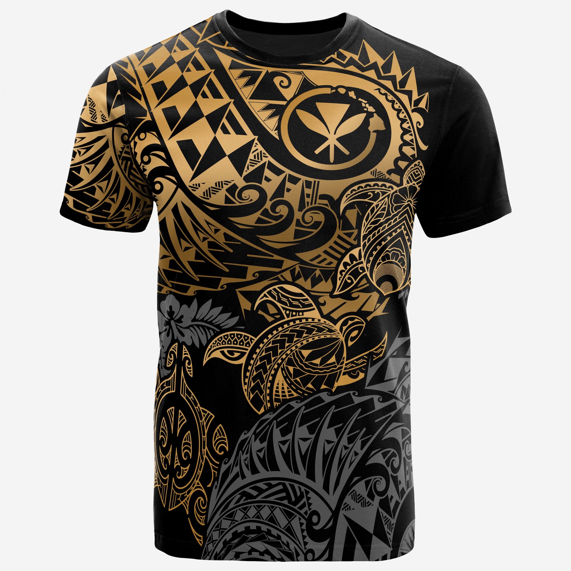 Hawaii T Shirt Polynesian Gold Kanaka Maoli Turtle Hibiscus Flowing Unisex GOLD - Polynesian Pride