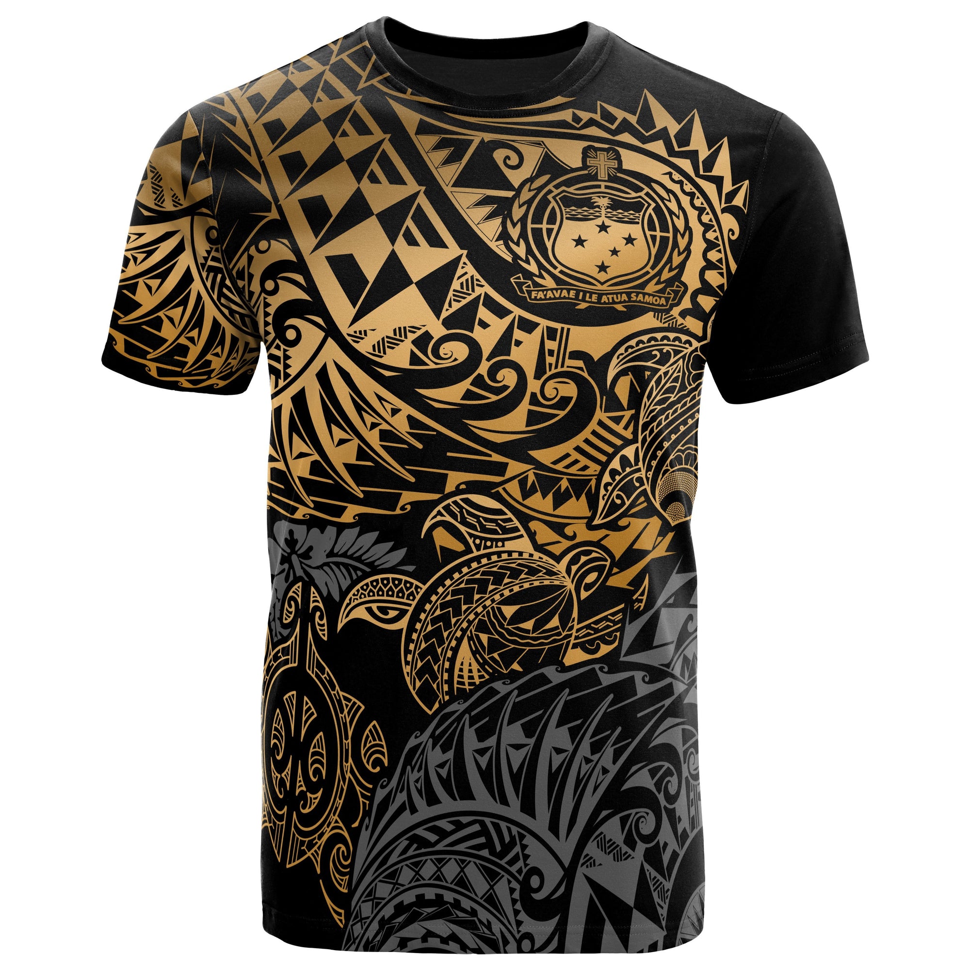 Samoa Polynesian T Shirt Samoa Coat Of Arms Gold Turtle Flowing Unisex Gold - Polynesian Pride