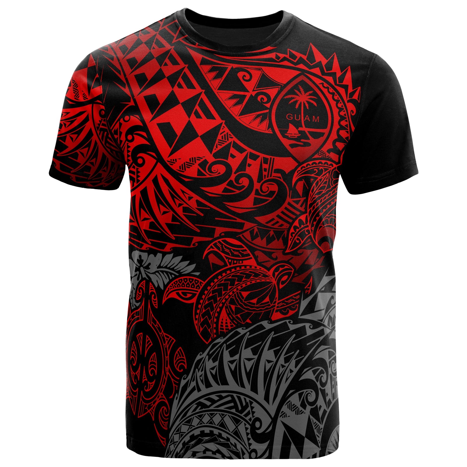 Guam Polynesian T Shirt Guam Coat of Arms Red Turtle Flowing Unisex Red - Polynesian Pride