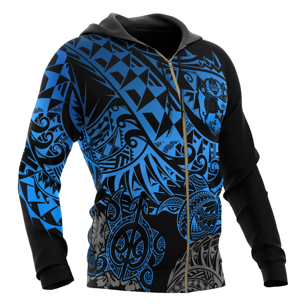 Tonga Polynesian Zip up Hoodie Blue Turtle Flowing - Polynesian Pride